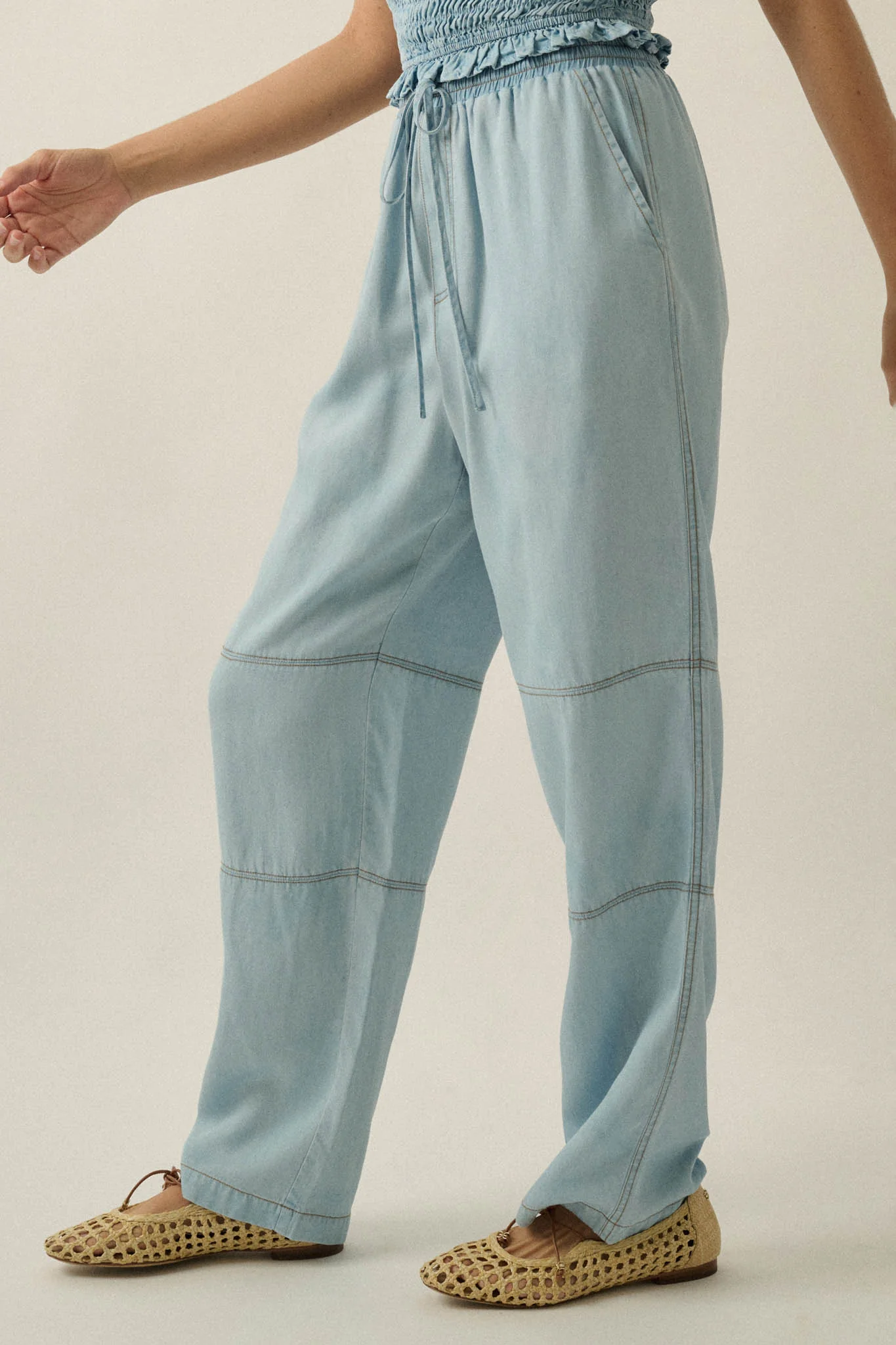 Chasing Clouds Denim Drawstring Barrel Pants - Image 5
