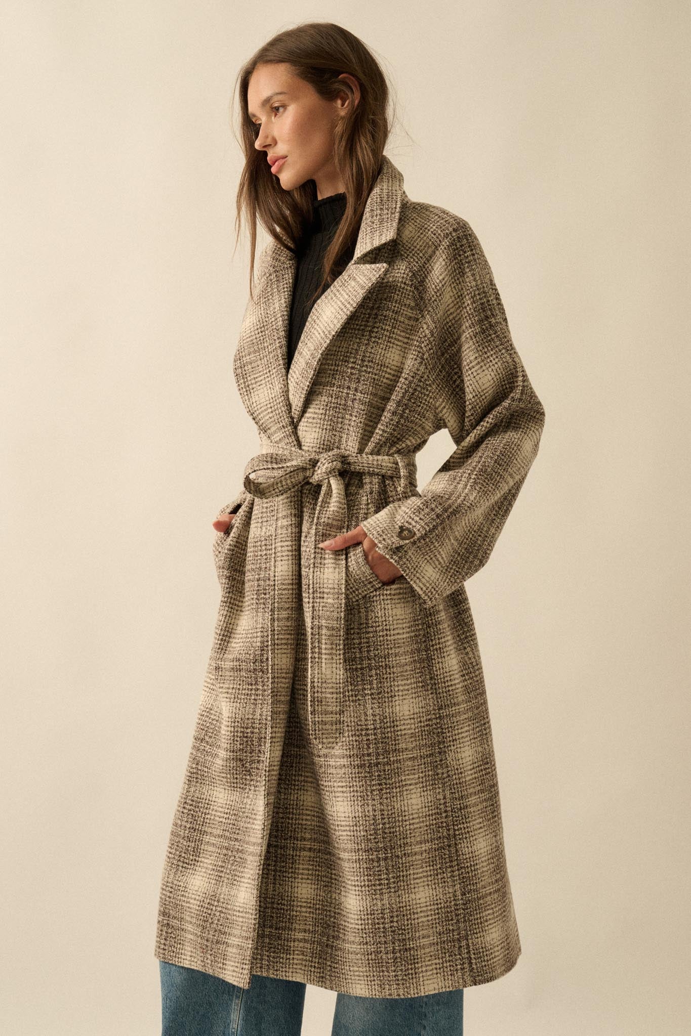 Check Point Plaid Tweed Belted Trench Coat - Image 11