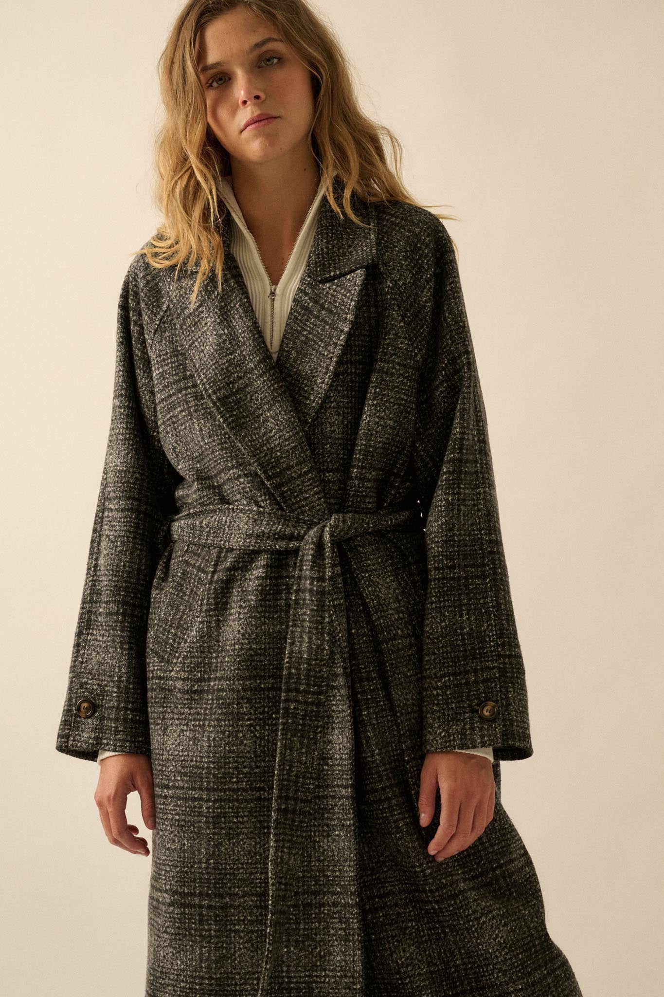 Check Point Plaid Tweed Belted Trench Coat - Image 5