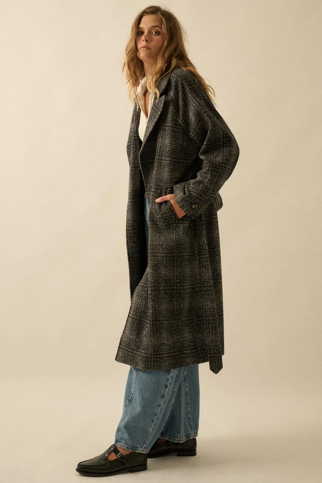 Check Point Plaid Tweed Belted Trench Coat - Image 6