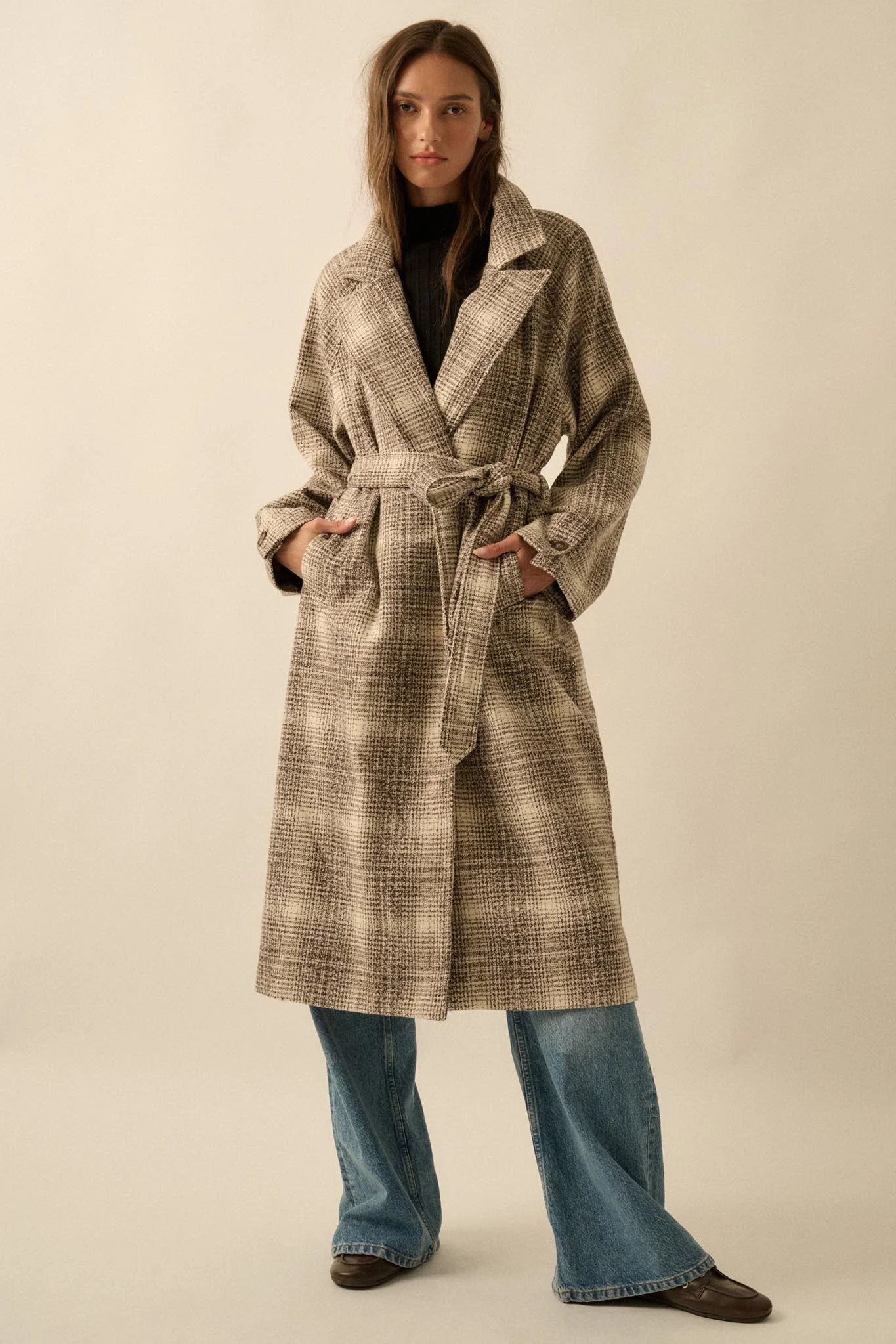 Check Point Plaid Tweed Belted Trench Coat - Image 7