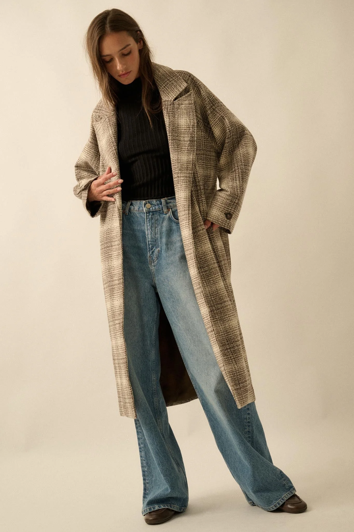 Check Point Plaid Tweed Belted Trench Coat - Image 9