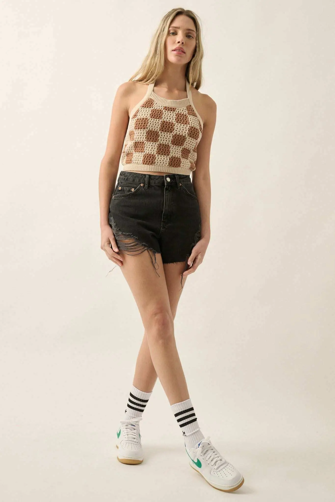 Check Yourself Checker Crochet Knit Halter Top - Image 12
