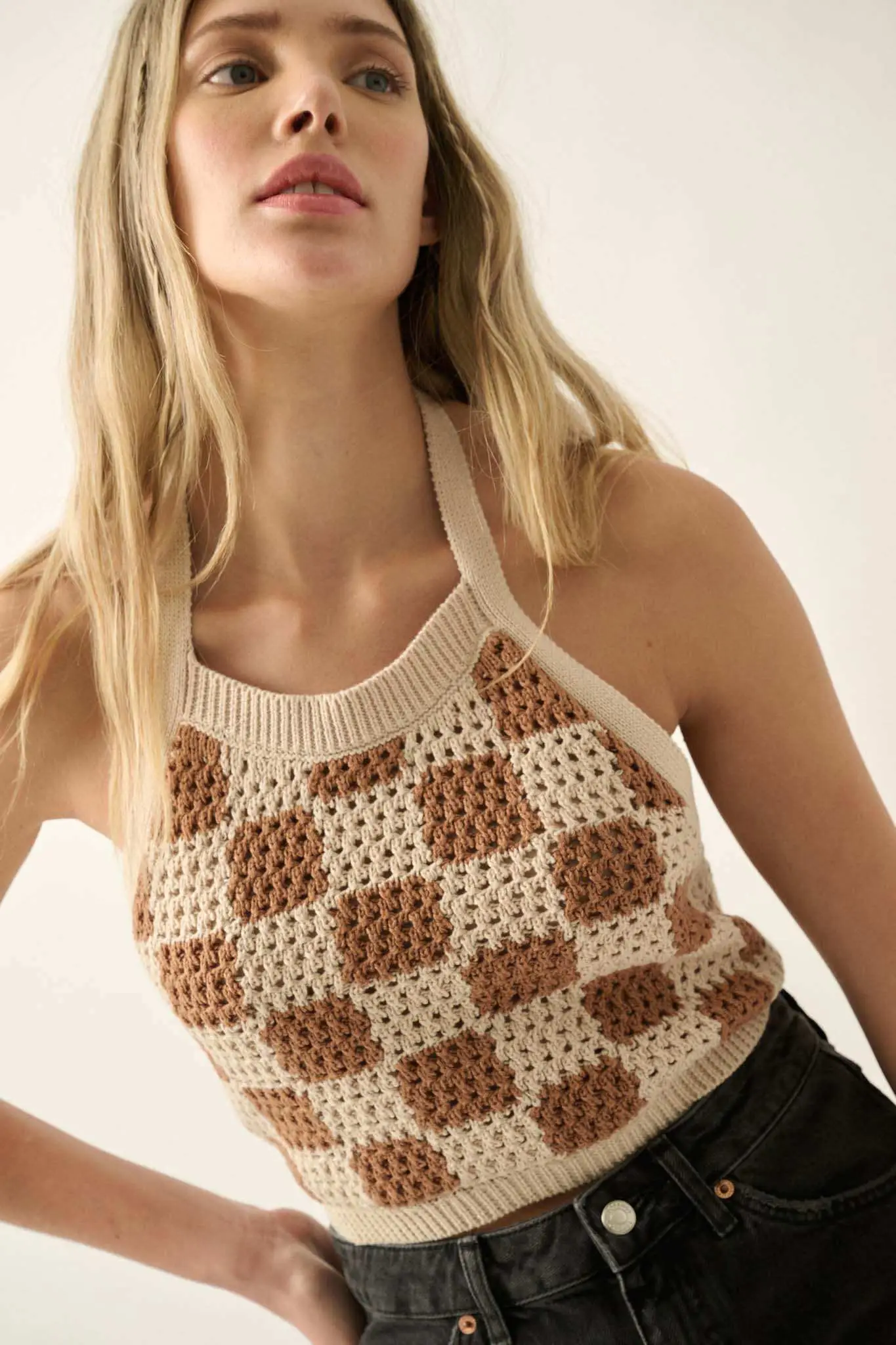 Check Yourself Checker Crochet Knit Halter Top - Image 13
