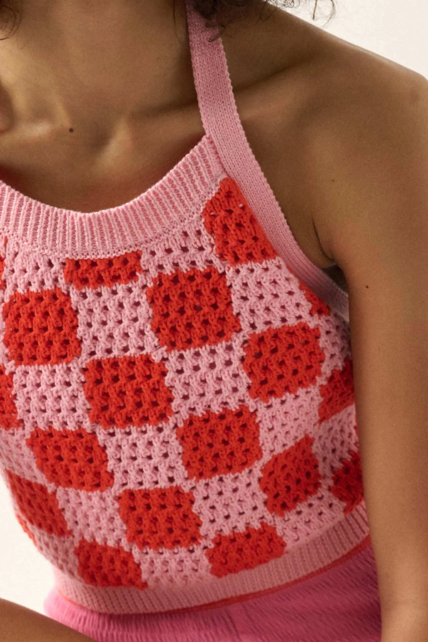 Check Yourself Checker Crochet Knit Halter Top - Image 4