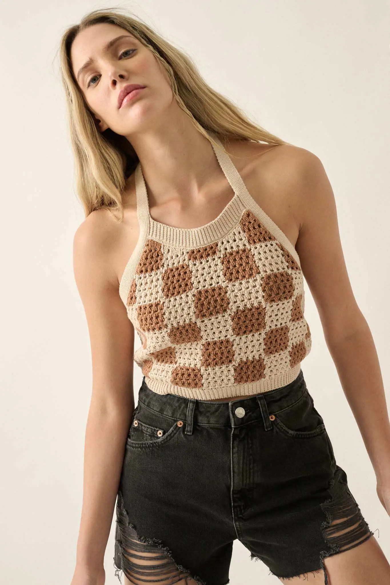 Check Yourself Checker Crochet Knit Halter Top - Image 9