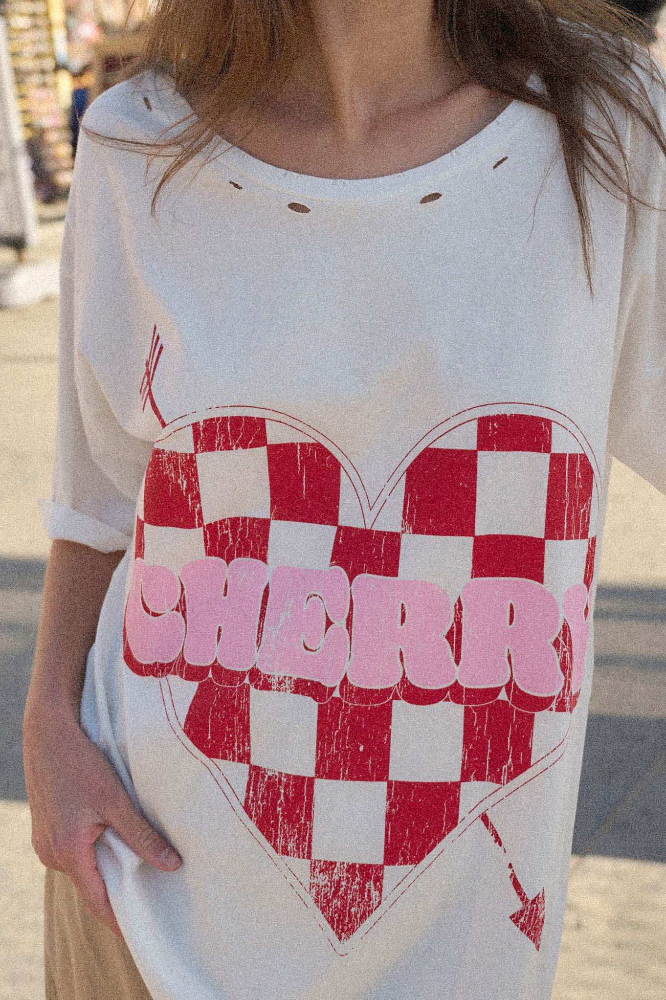 Cherry Love Checker Heart Distressed Graphic Tee - Image 2