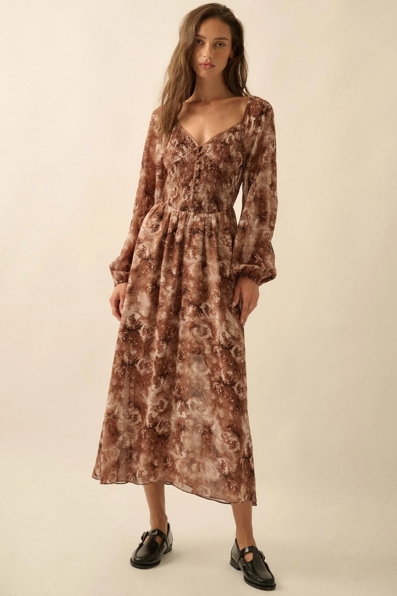 Chestnut Roses Smocked Floral Midi Peasant Dress - Image 2