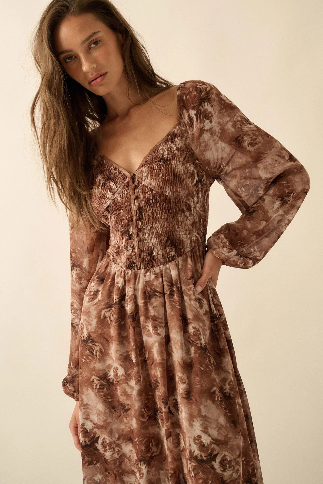 Chestnut Roses Smocked Floral Midi Peasant Dress - Image 4