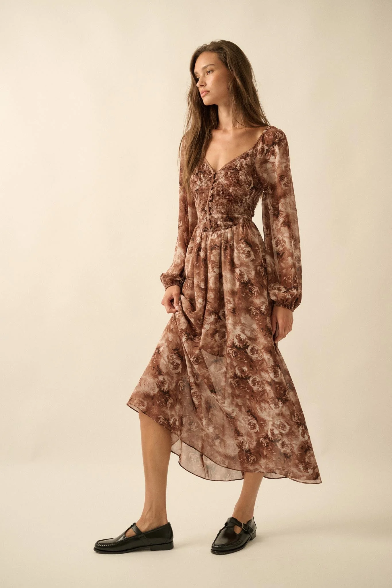 Chestnut Roses Smocked Floral Midi Peasant Dress - Image 5