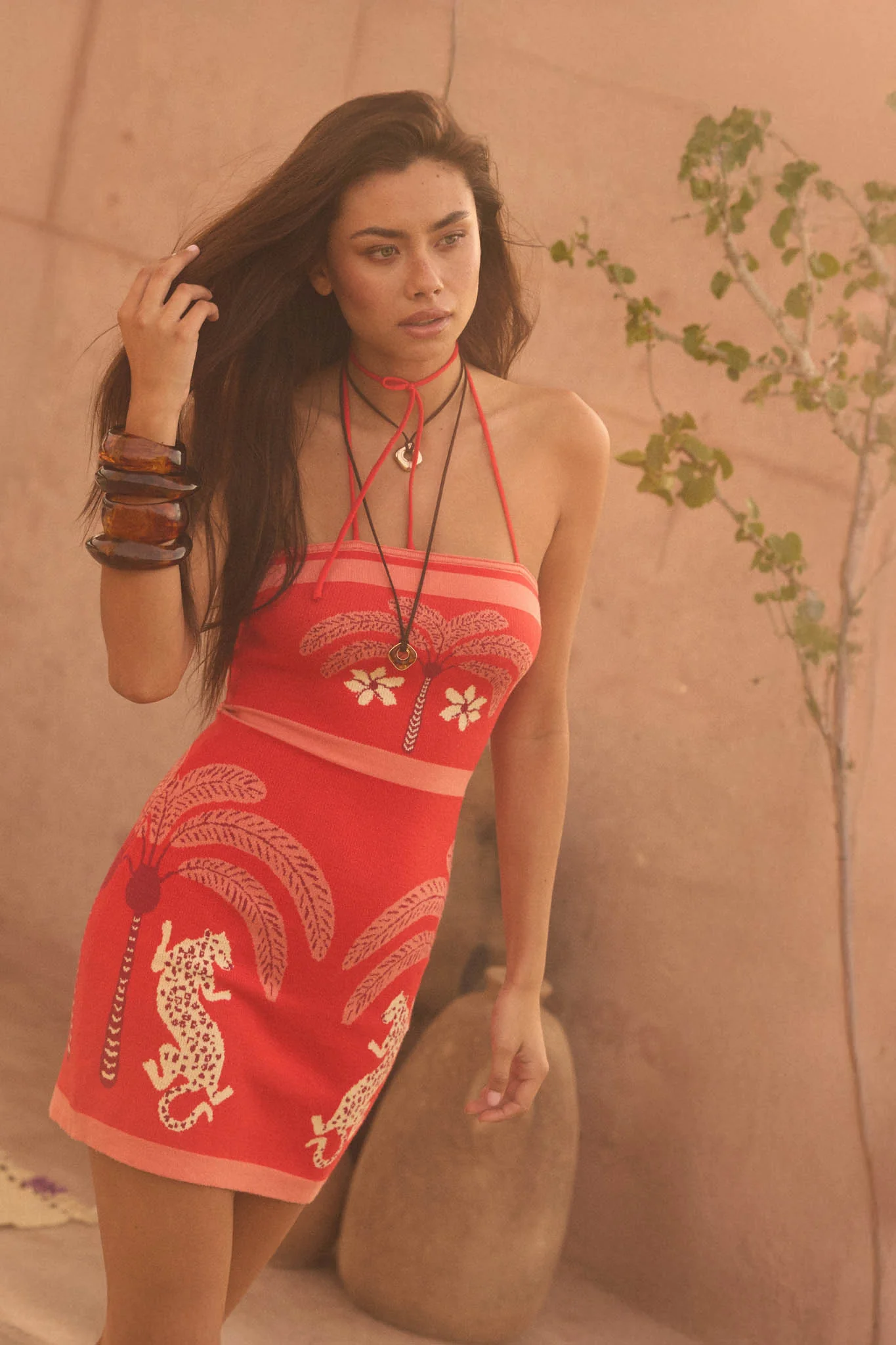Chic Safari Tropical Jacquard-Knit Halter Mini Dress - Image 3