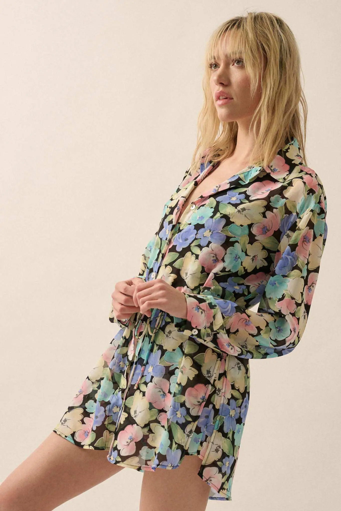 Chromatic Petals Floral Belted Shirt Romper - Image 5