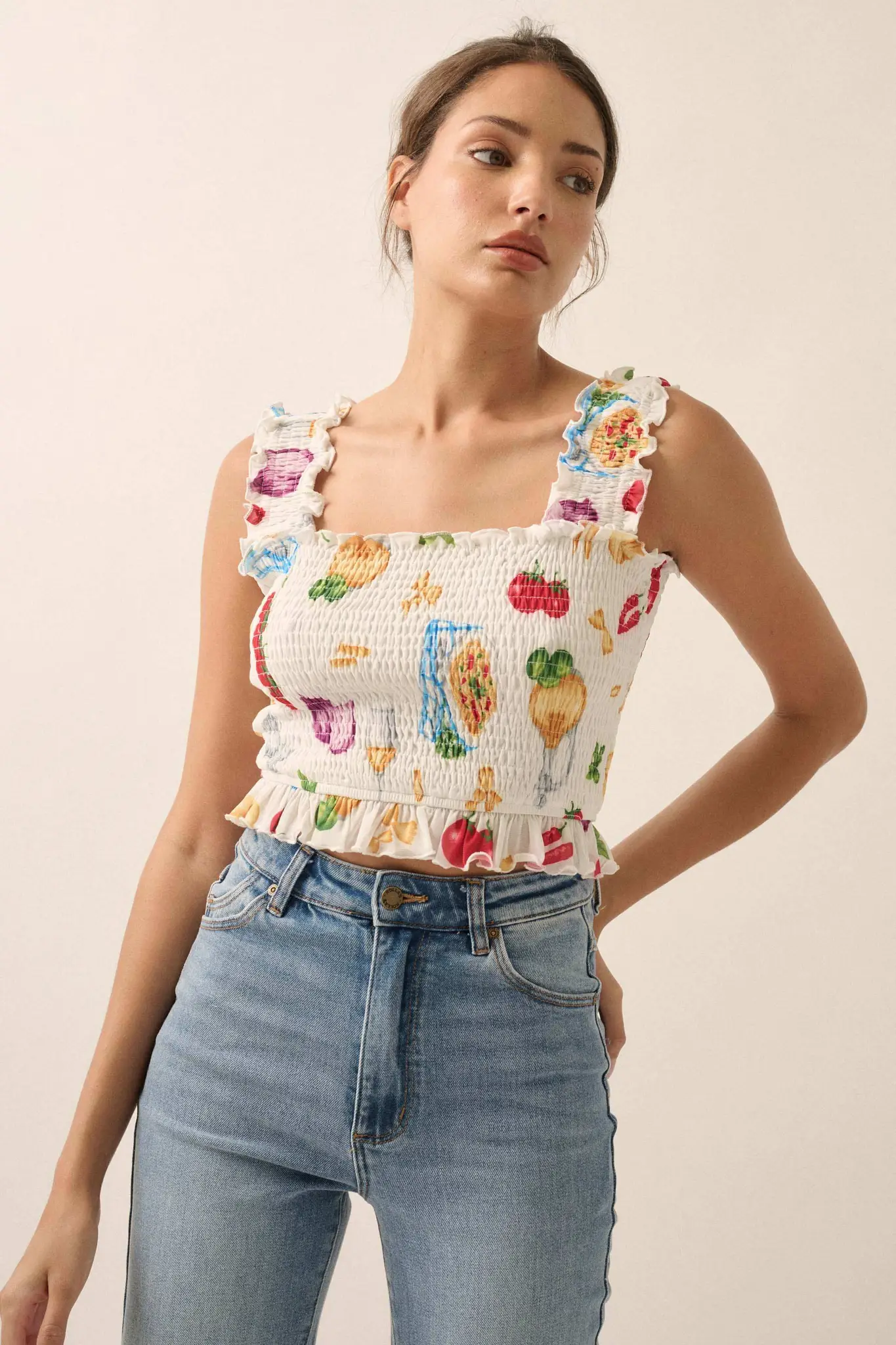 Ciao Bella Printed Mesh Smocked Cropped Tank Top - Image 7