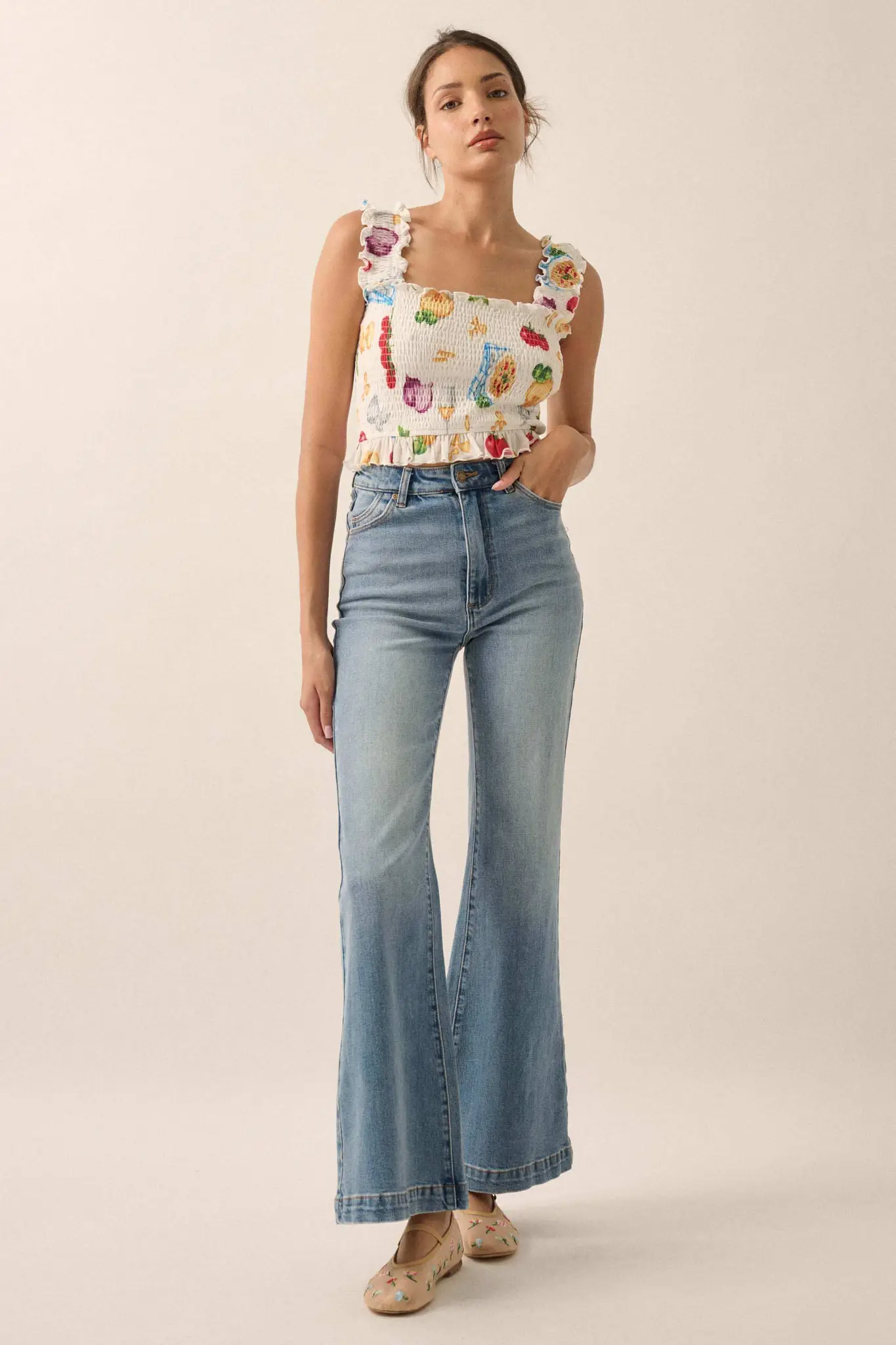 Ciao Bella Printed Mesh Smocked Cropped Tank Top - Image 9