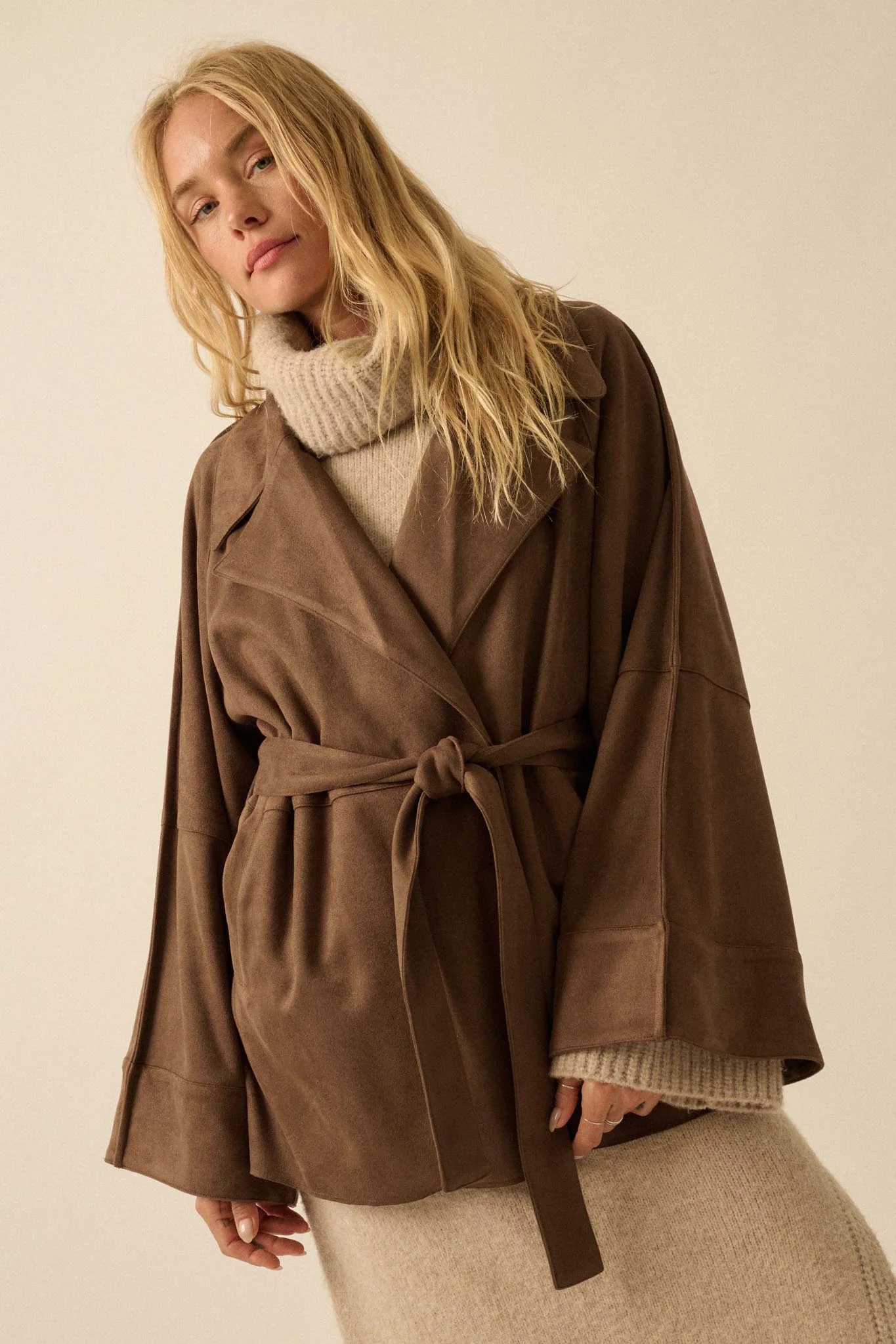 City Life Vegan Suede Belted Cropped Trench Coat - Image 10