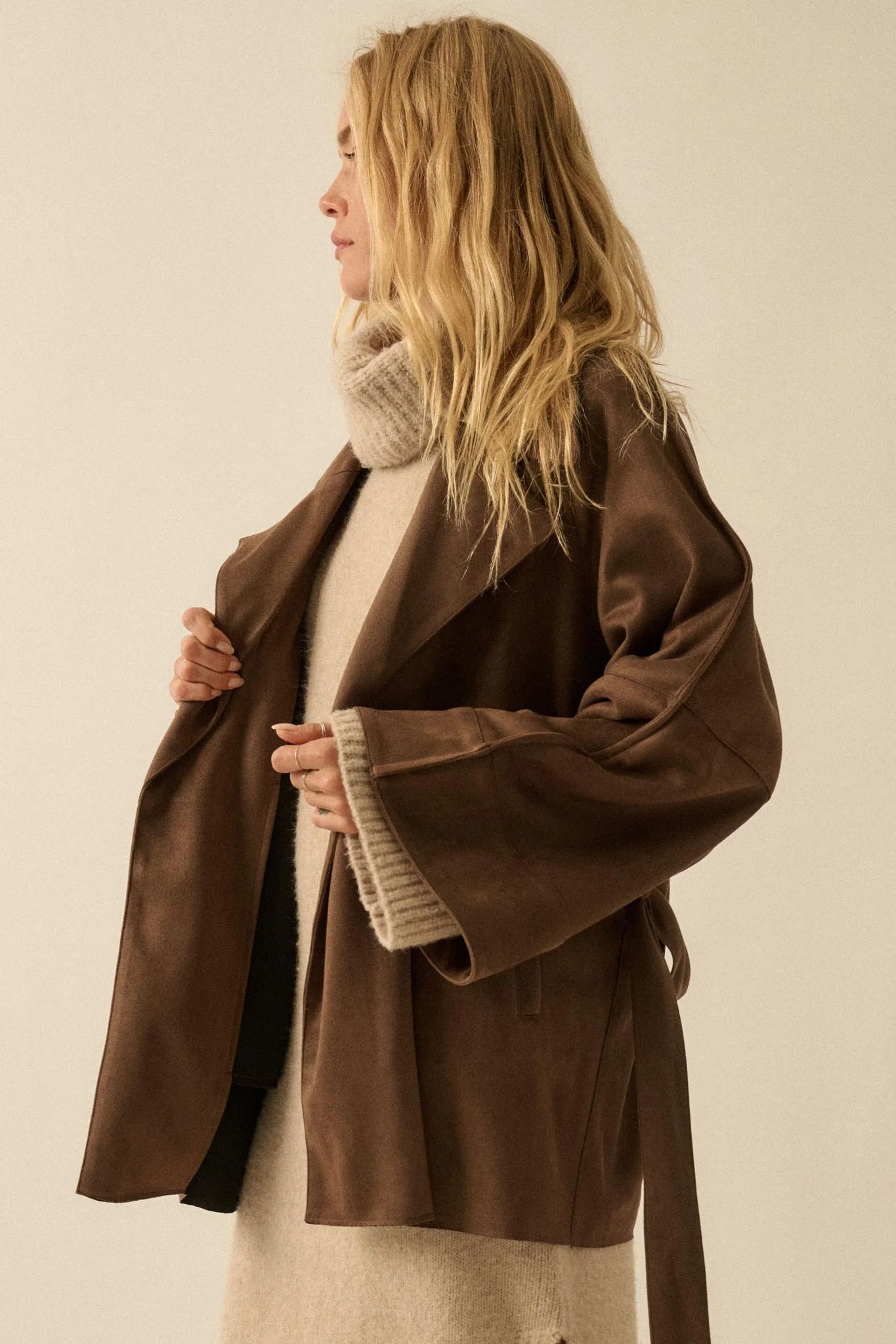 City Life Vegan Suede Belted Cropped Trench Coat - Image 11