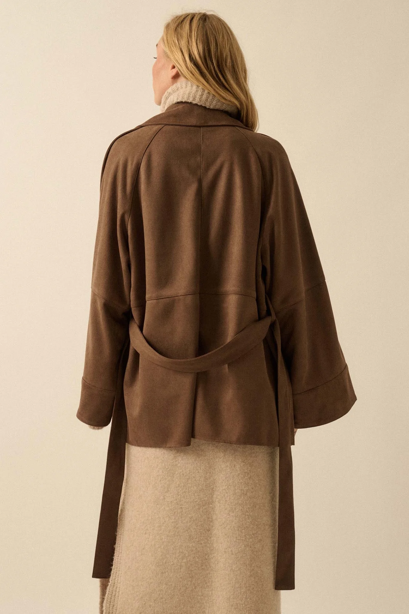 City Life Vegan Suede Belted Cropped Trench Coat - Image 12