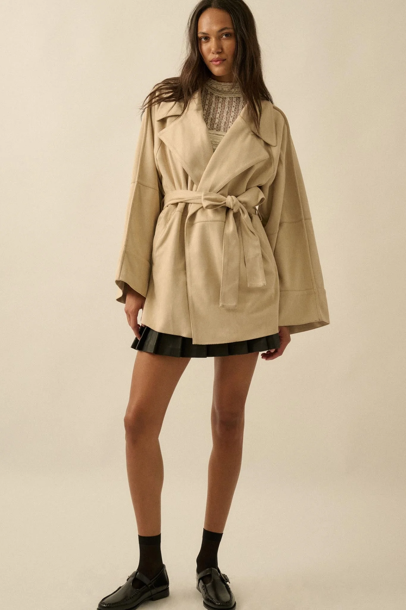 City Life Vegan Suede Belted Cropped Trench Coat - Image 3