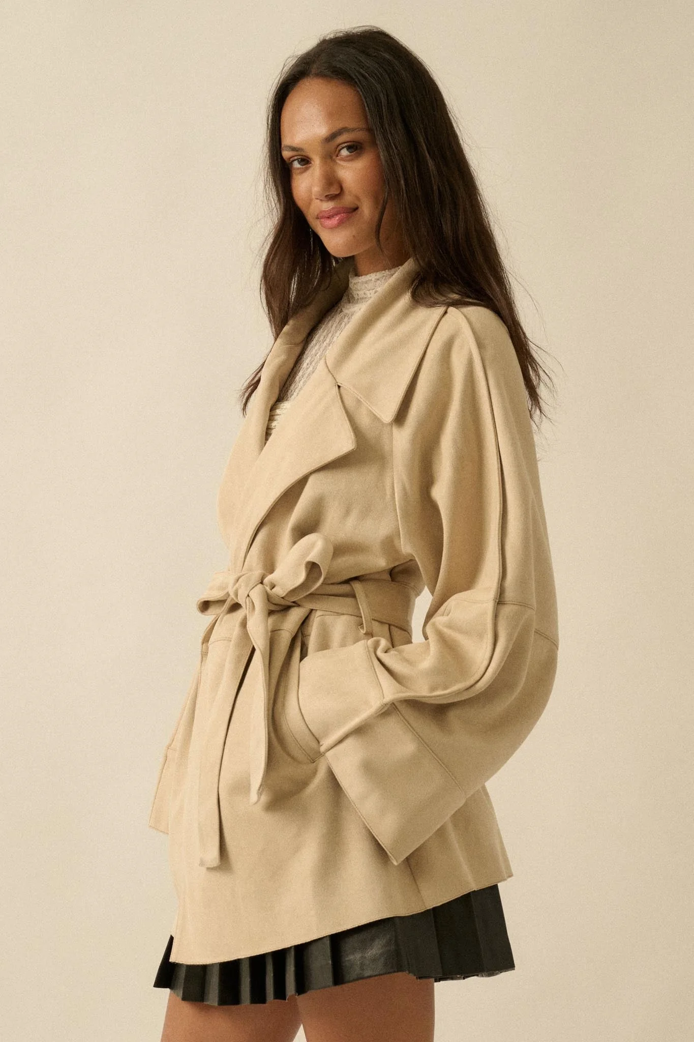 City Life Vegan Suede Belted Cropped Trench Coat - Image 6