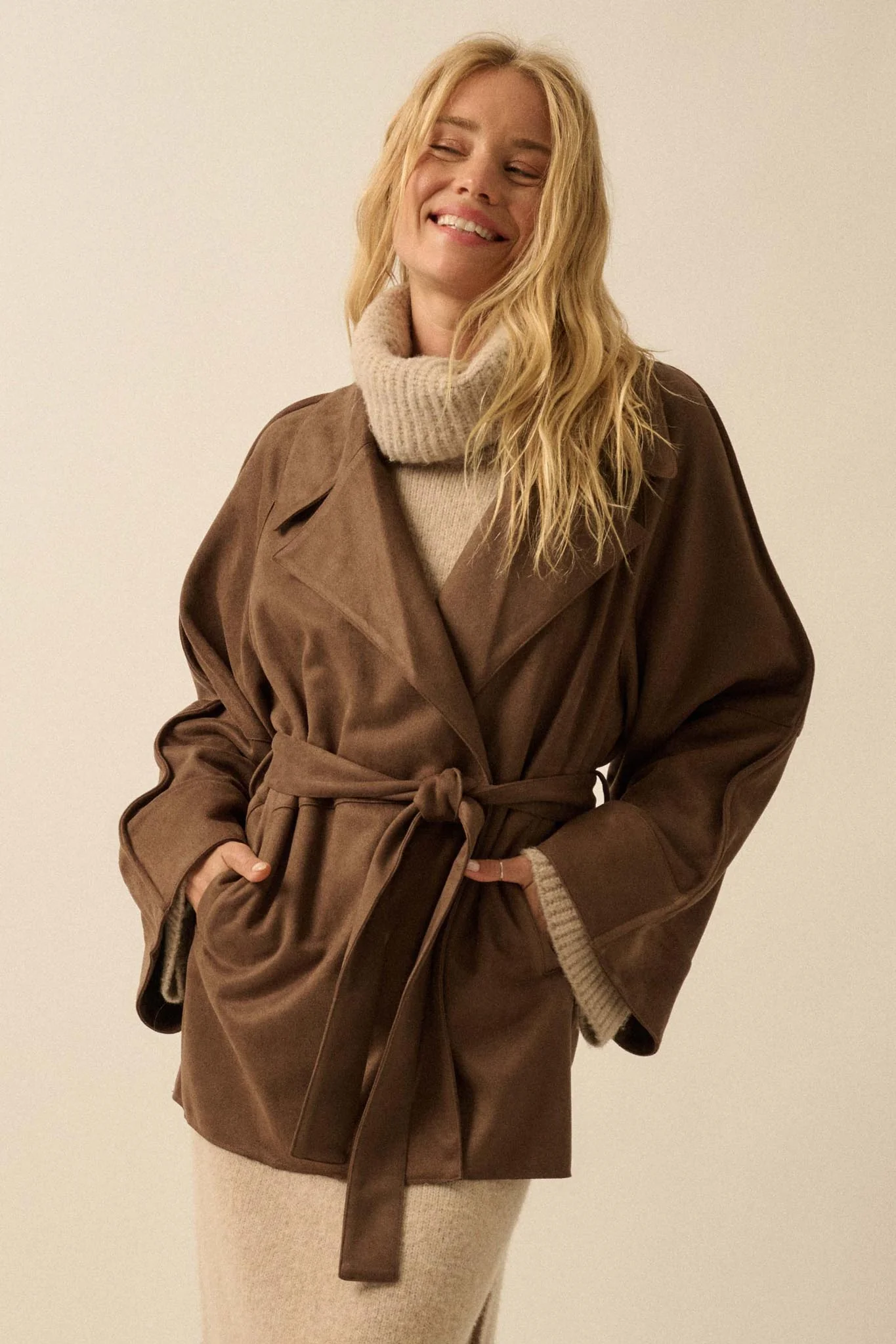 City Life Vegan Suede Belted Cropped Trench Coat - Image 7