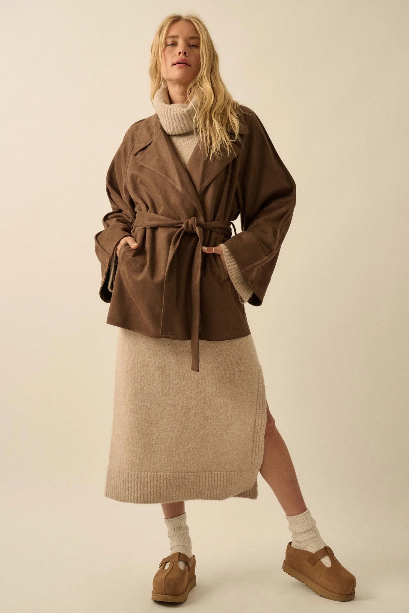 City Life Vegan Suede Belted Cropped Trench Coat - Image 9