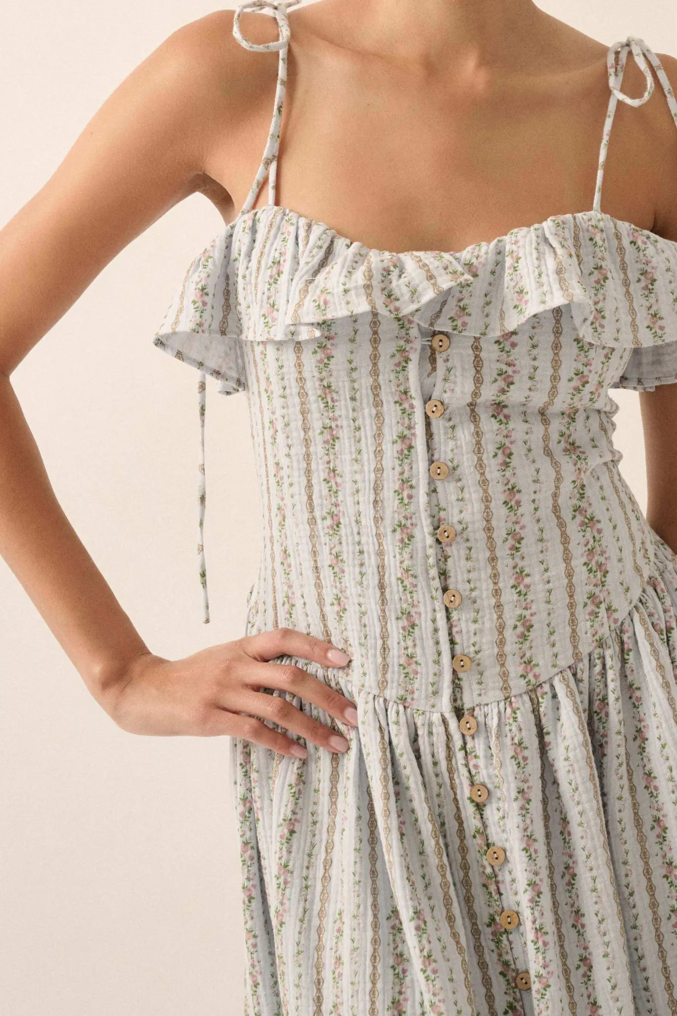 Climbing Vines Floral Gauze Ruffle Midi Dress - Image 4