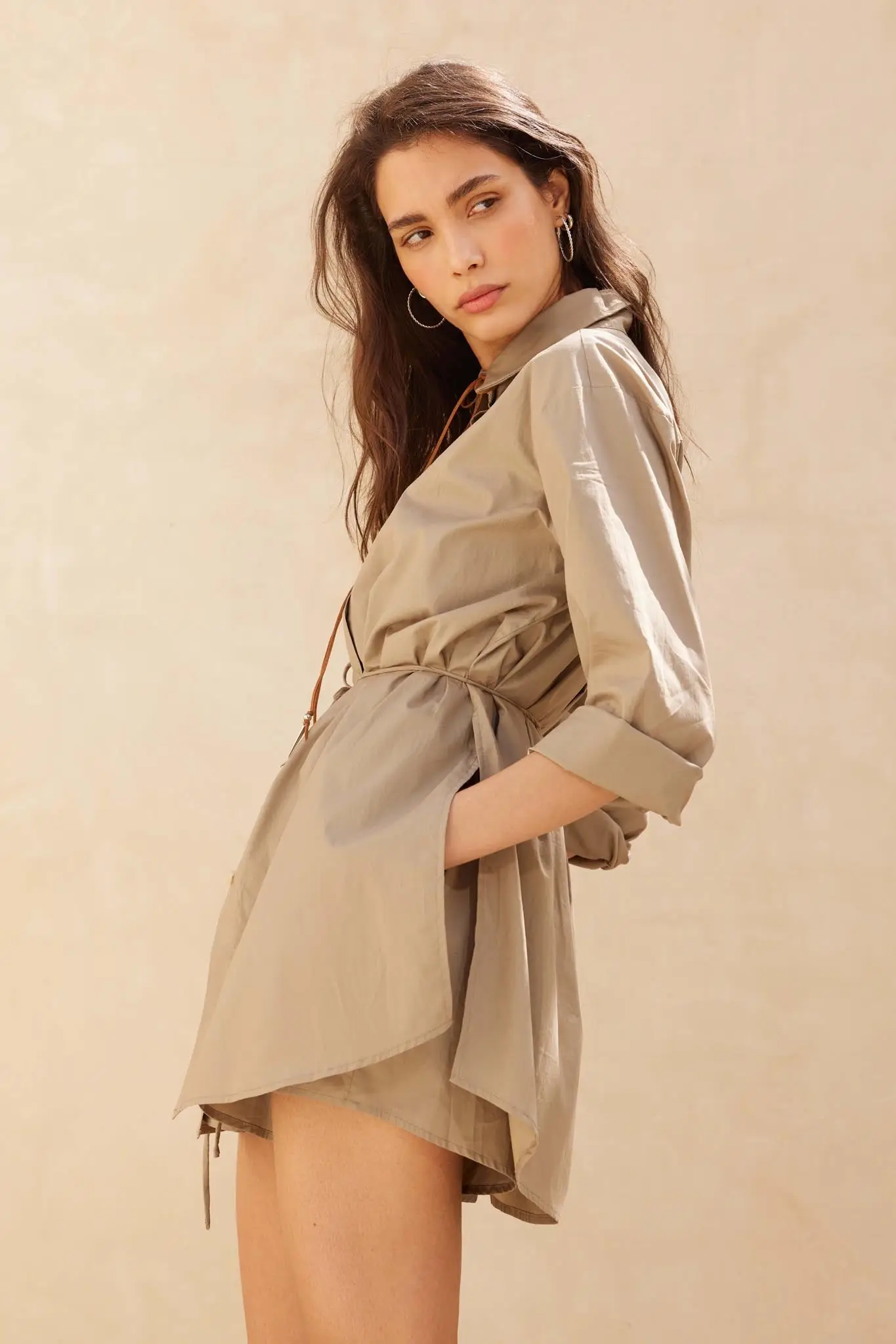 Clock Watcher Cotton Button-Up Belted Shirt Romper - Image 12