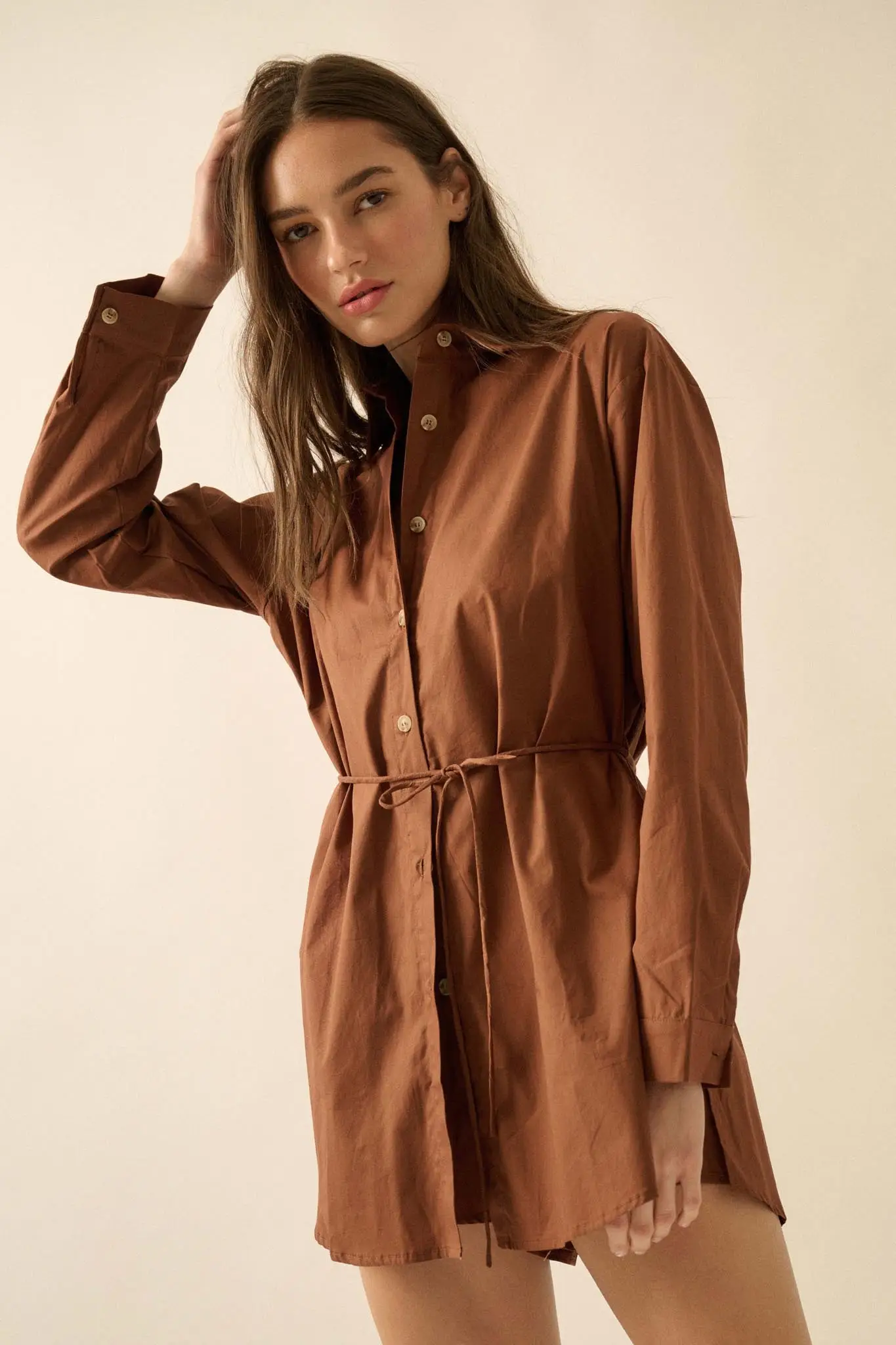 Clock Watcher Cotton Button-Up Belted Shirt Romper - Image 14