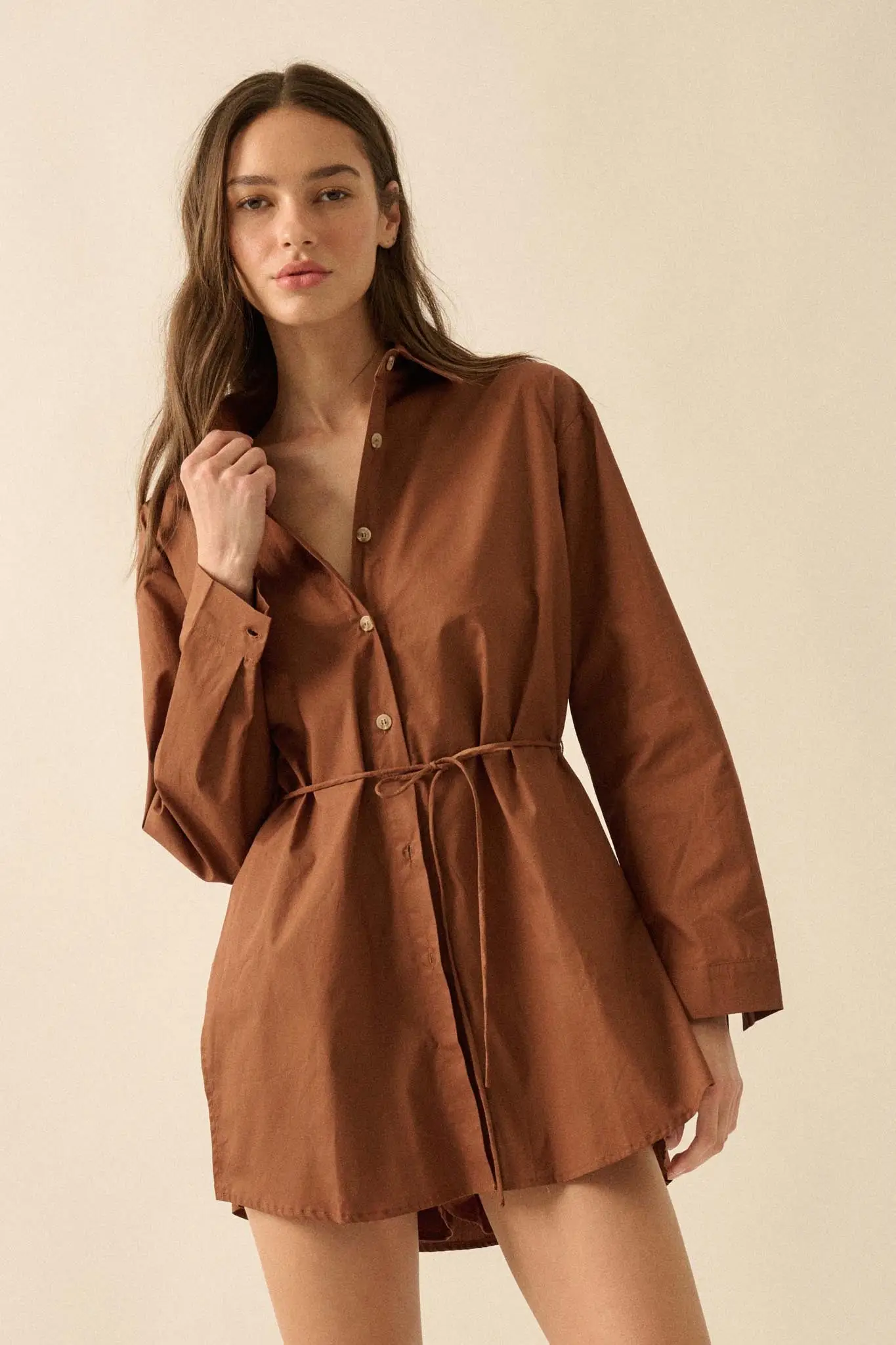 Clock Watcher Cotton Button-Up Belted Shirt Romper - Image 15