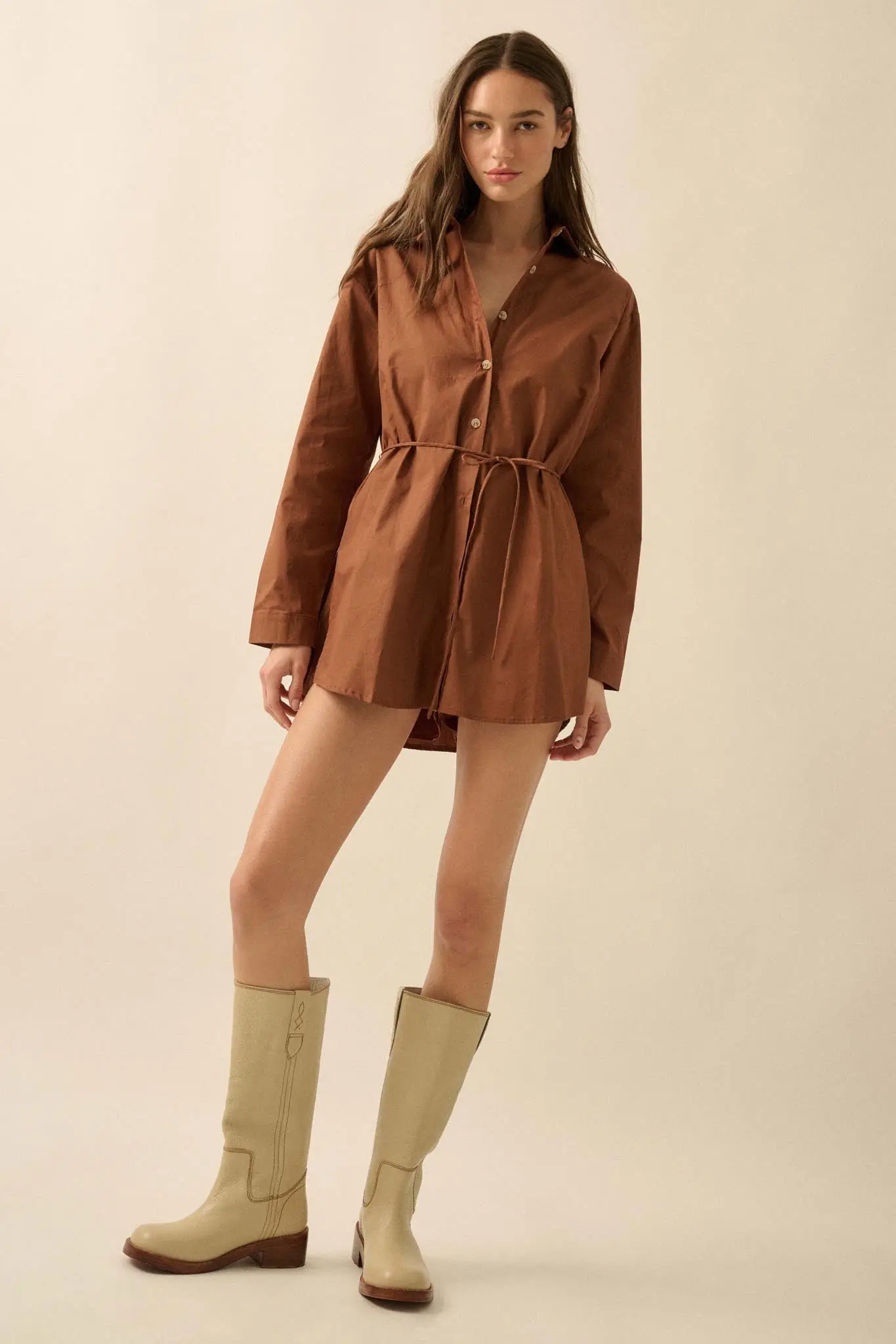 Clock Watcher Cotton Button-Up Belted Shirt Romper - Image 16
