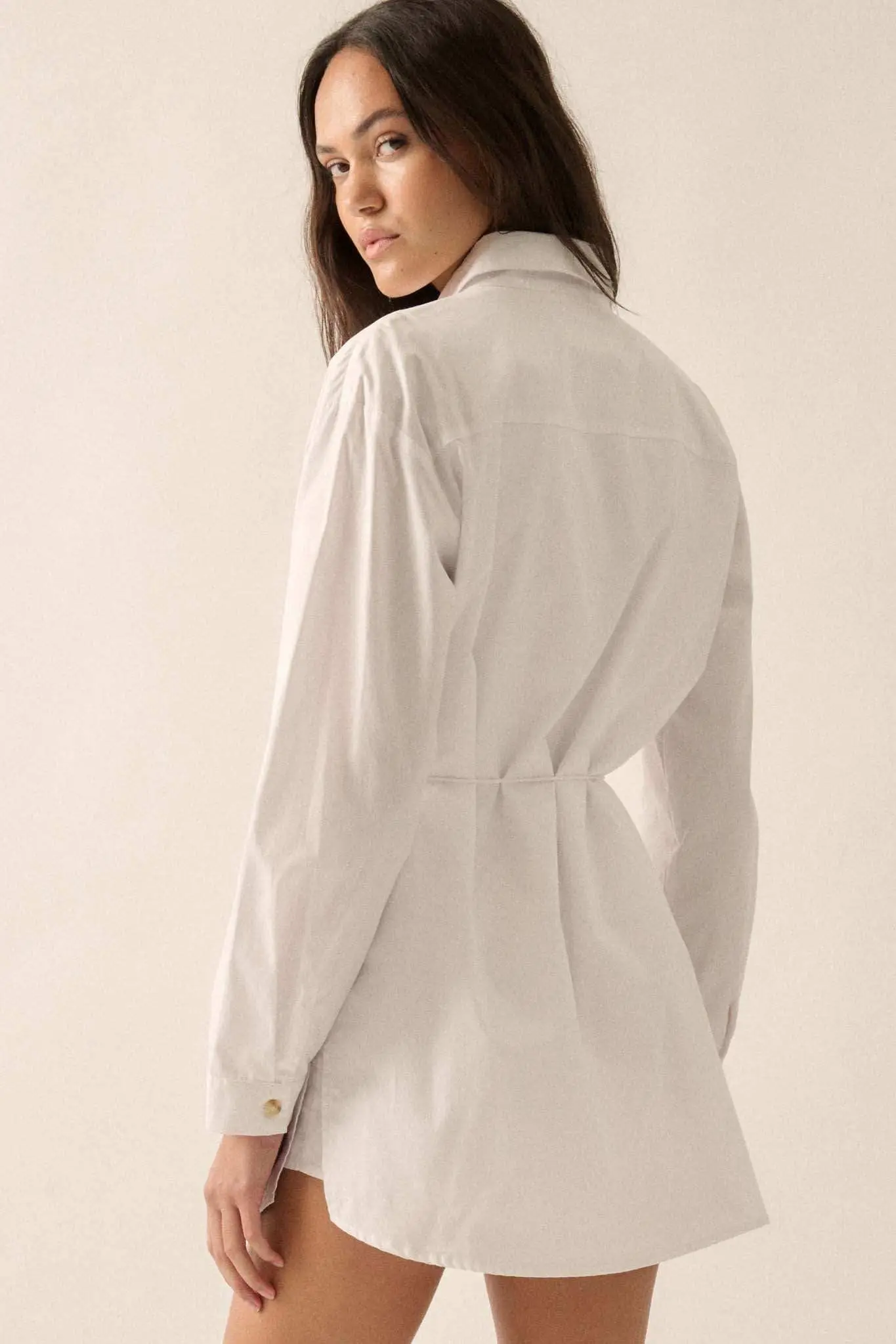Clock Watcher Cotton Button-Up Belted Shirt Romper - Image 31