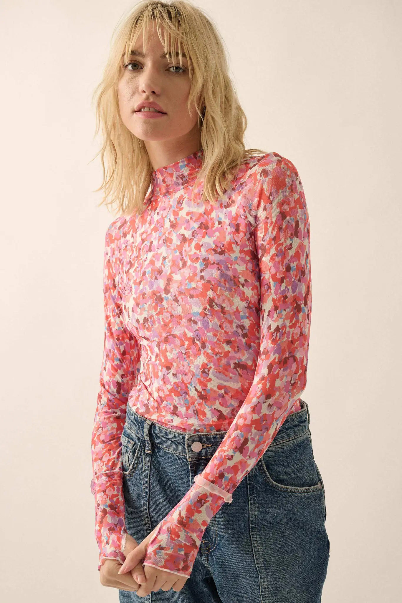 Color Pop Floral Mesh Mock-Neck Thumbhole Top
