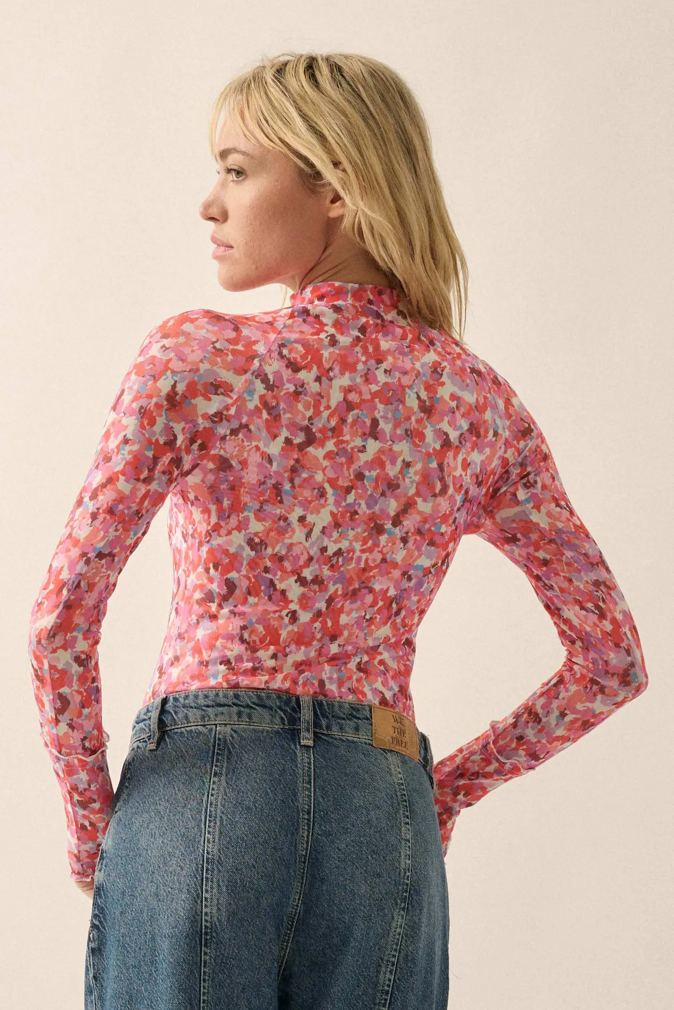 Color Pop Floral Mesh Mock-Neck Thumbhole Top - Image 2