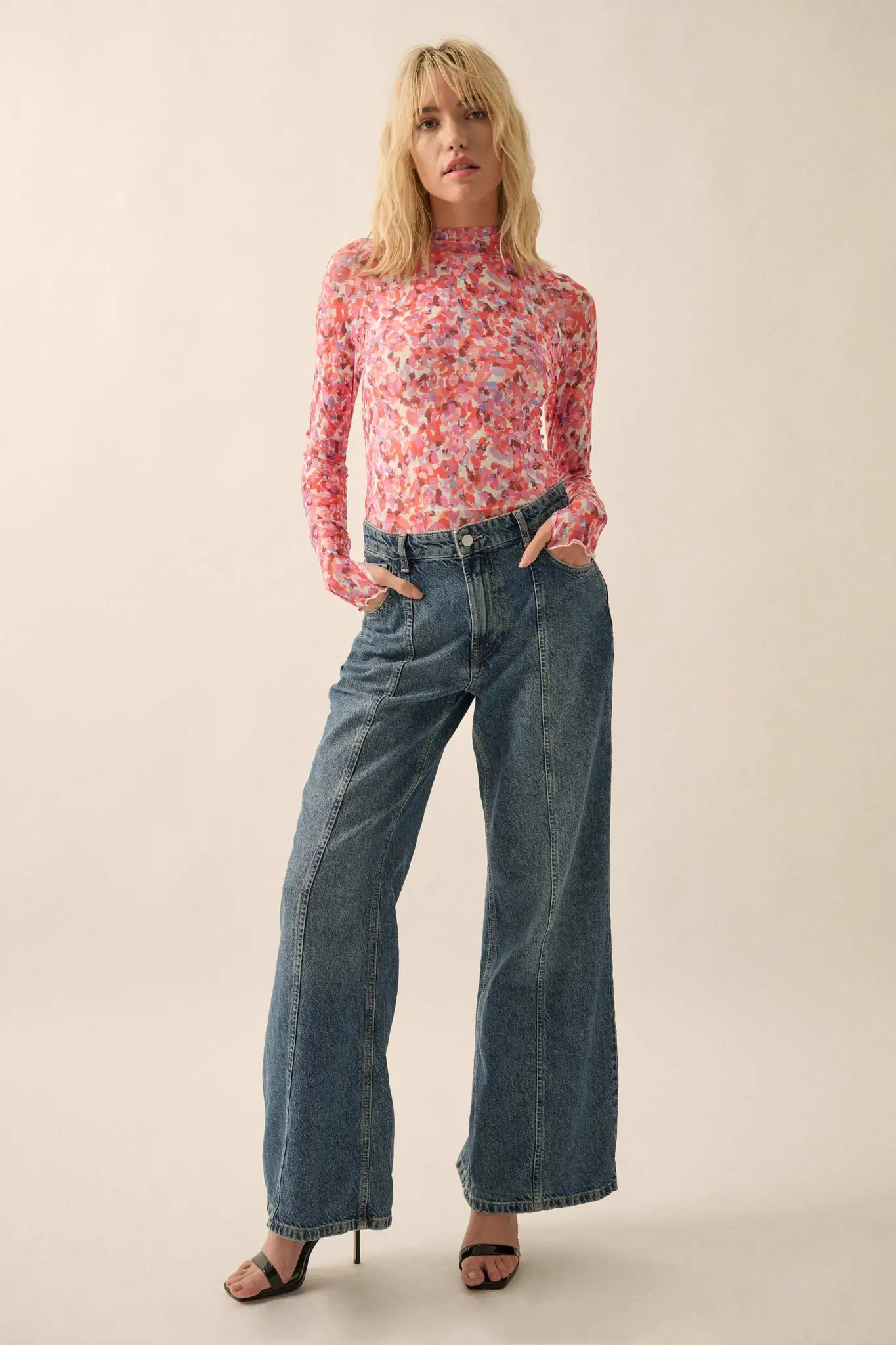 Color Pop Floral Mesh Mock-Neck Thumbhole Top - Image 3