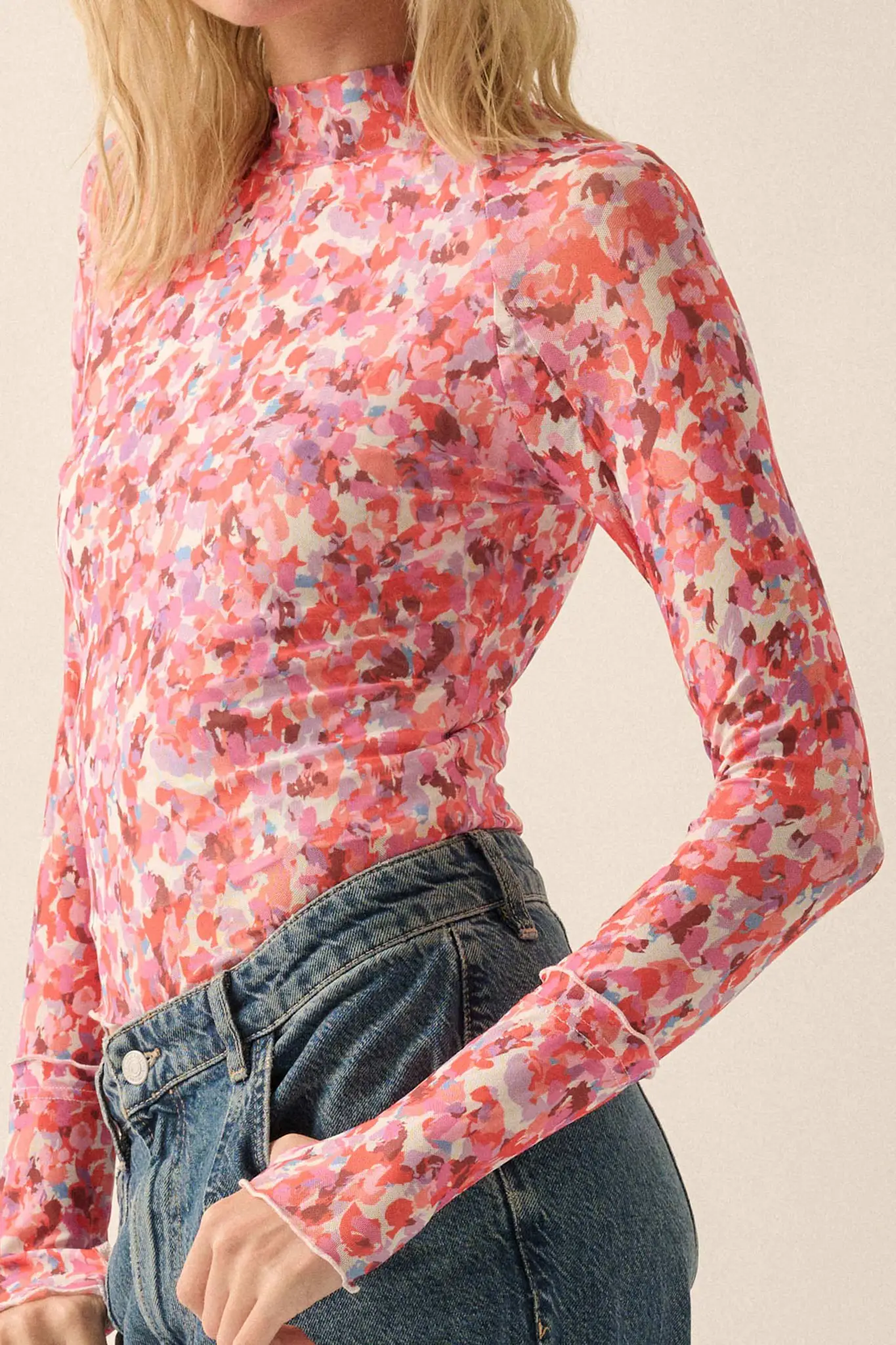 Color Pop Floral Mesh Mock-Neck Thumbhole Top - Image 4