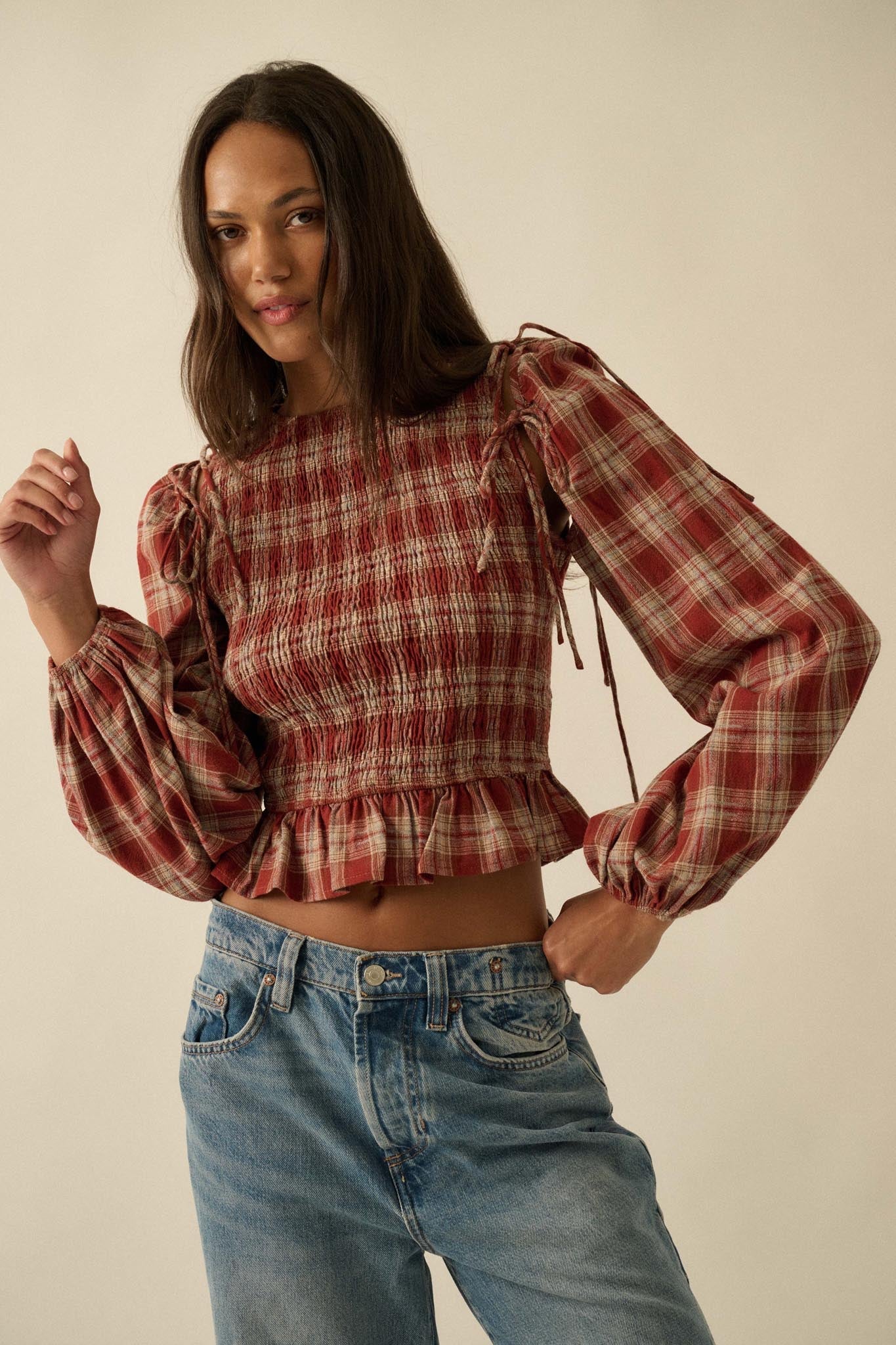 Come Together Plaid Detachable-Sleeve Peasant Top - Image 10