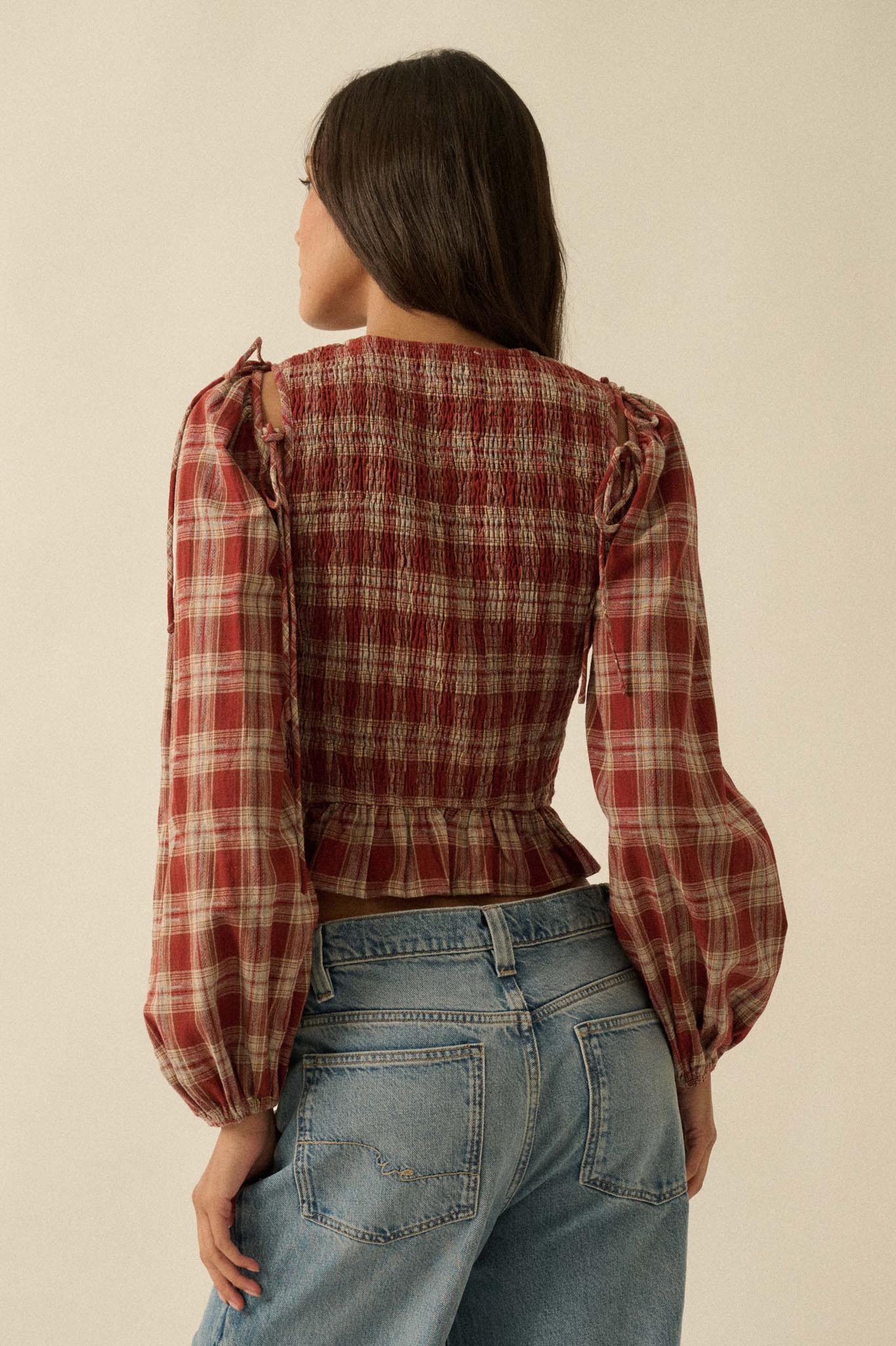 Come Together Plaid Detachable-Sleeve Peasant Top - Image 12