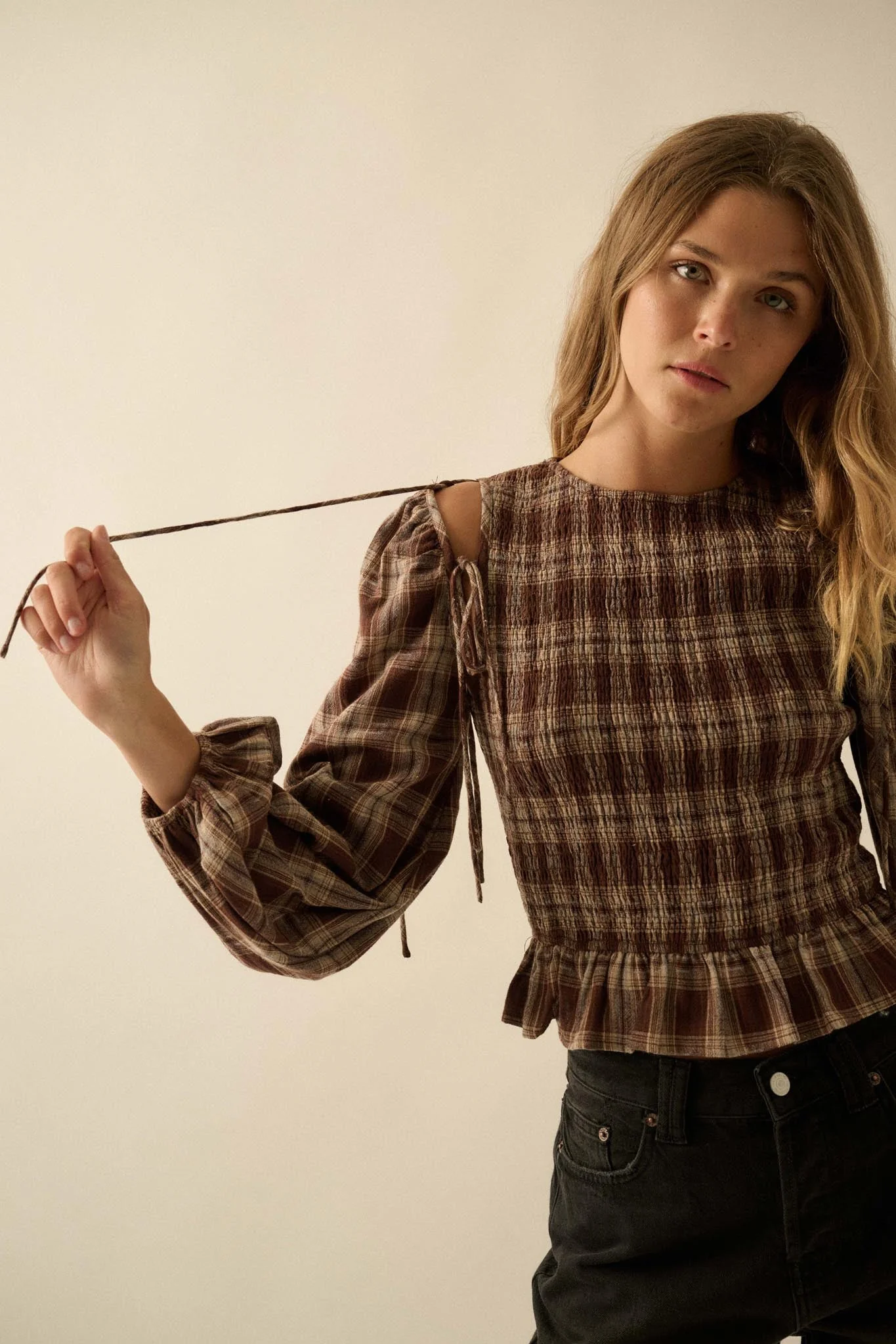 Come Together Plaid Detachable-Sleeve Peasant Top - Image 2