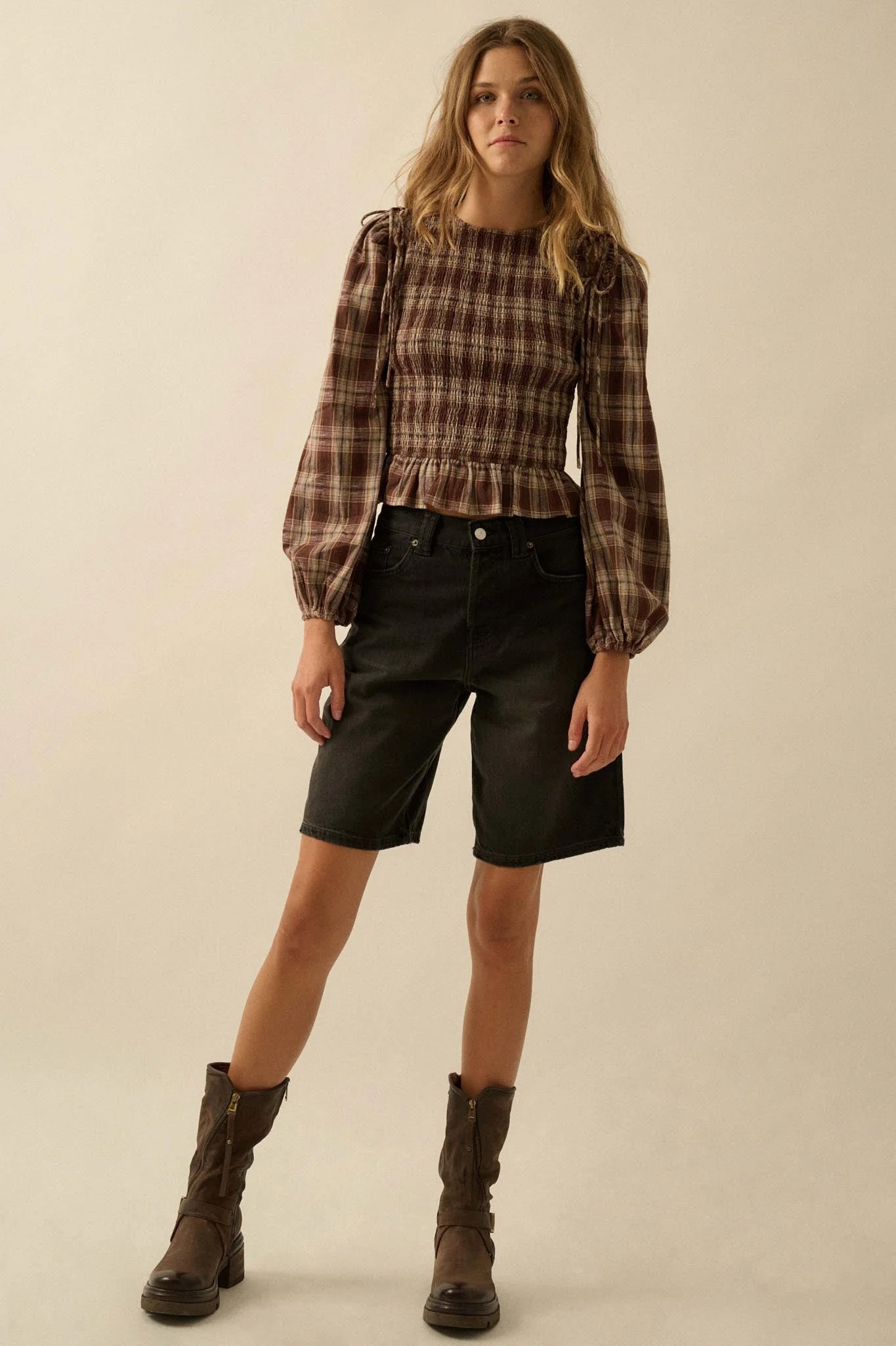 Come Together Plaid Detachable-Sleeve Peasant Top - Image 3