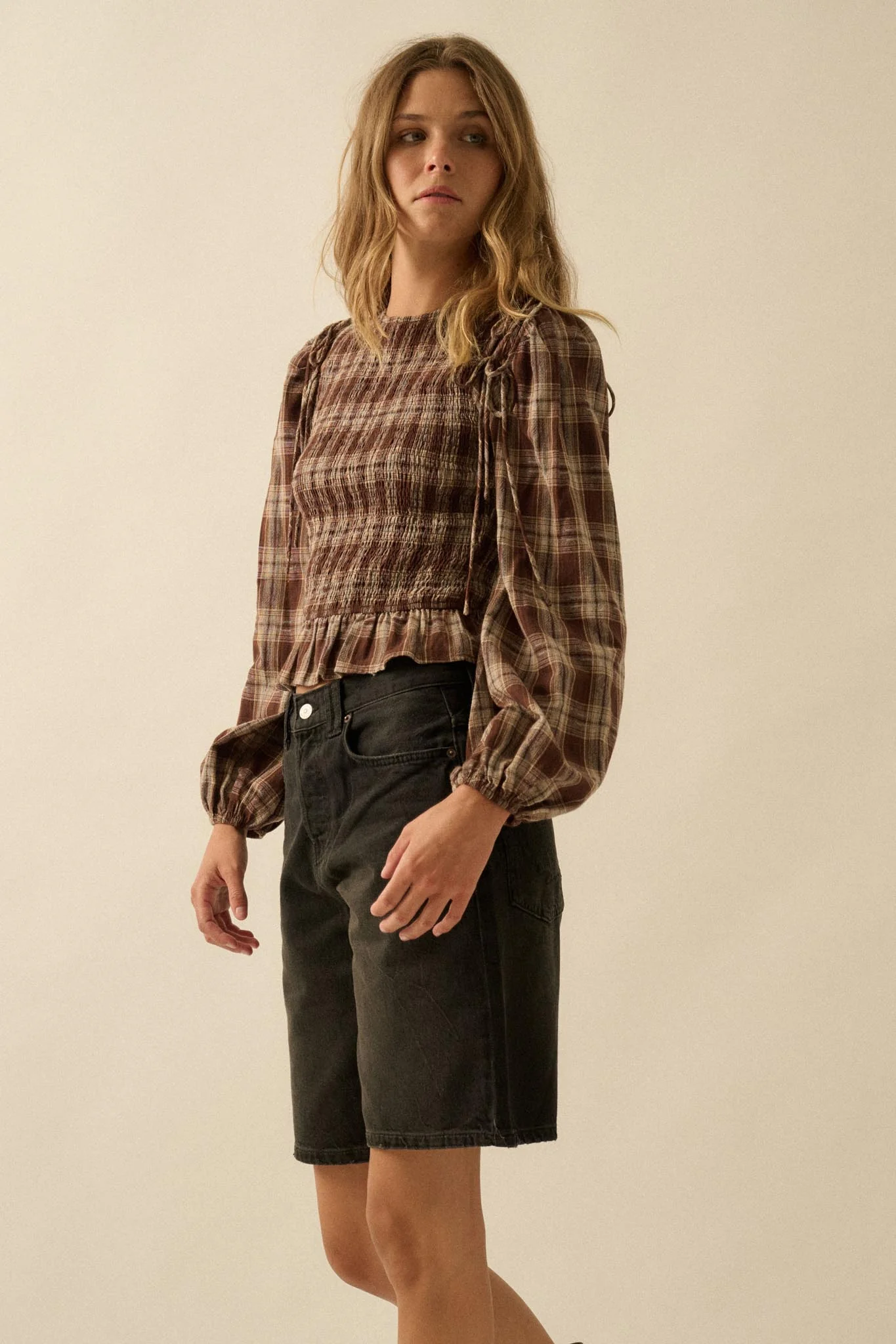 Come Together Plaid Detachable-Sleeve Peasant Top - Image 5