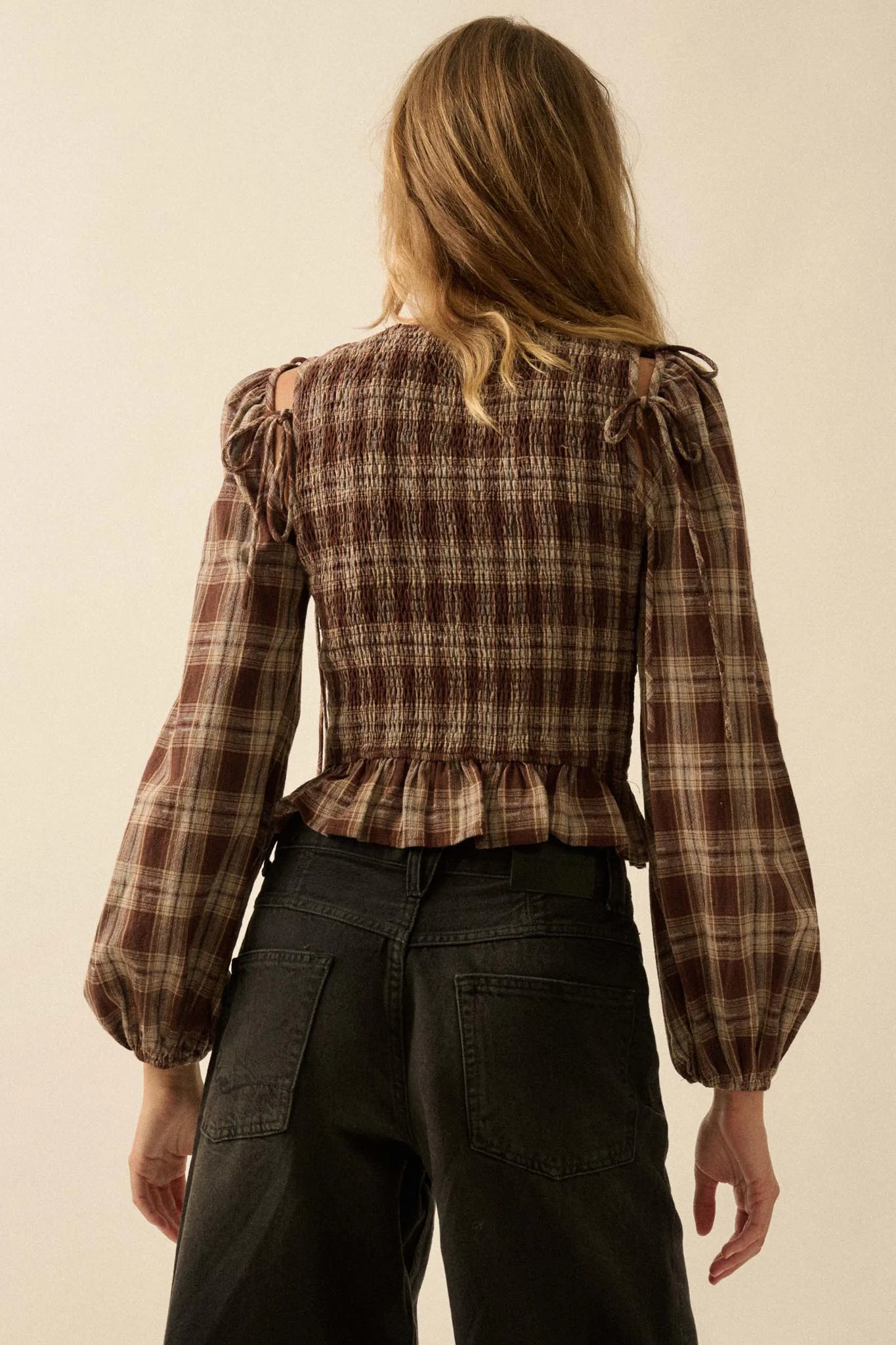 Come Together Plaid Detachable-Sleeve Peasant Top - Image 6