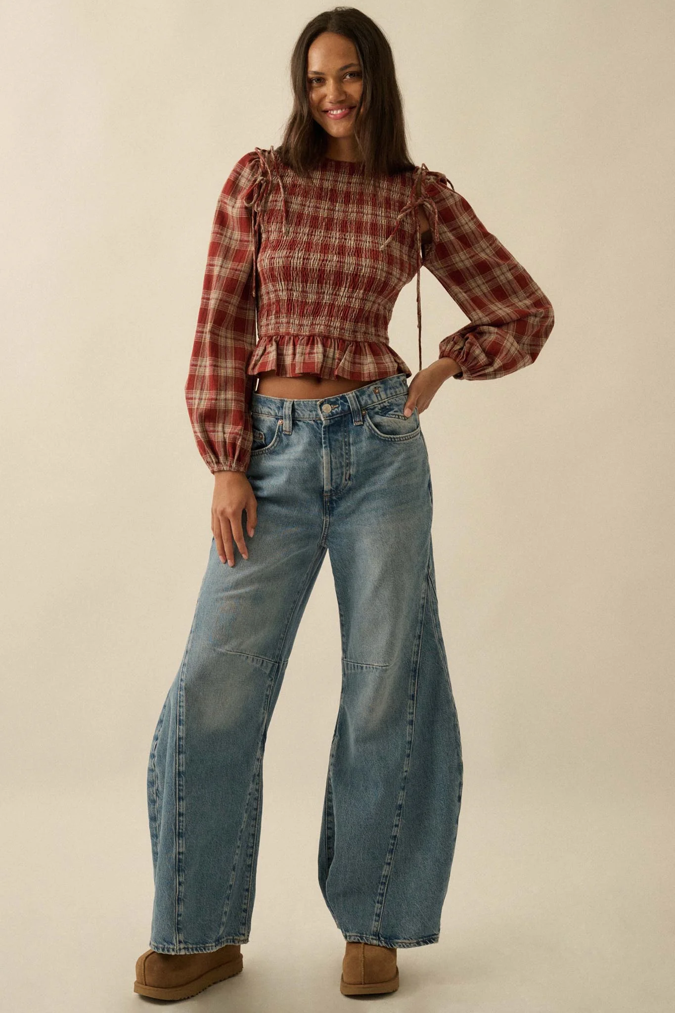 Come Together Plaid Detachable-Sleeve Peasant Top - Image 9