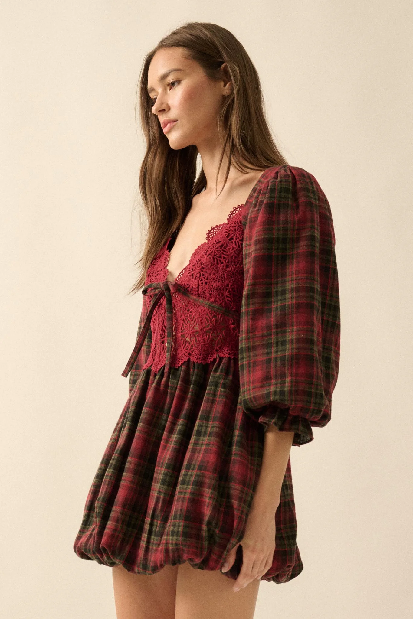 Country Cottage Plaid and Lace Bubble Mini Dress - Image 5