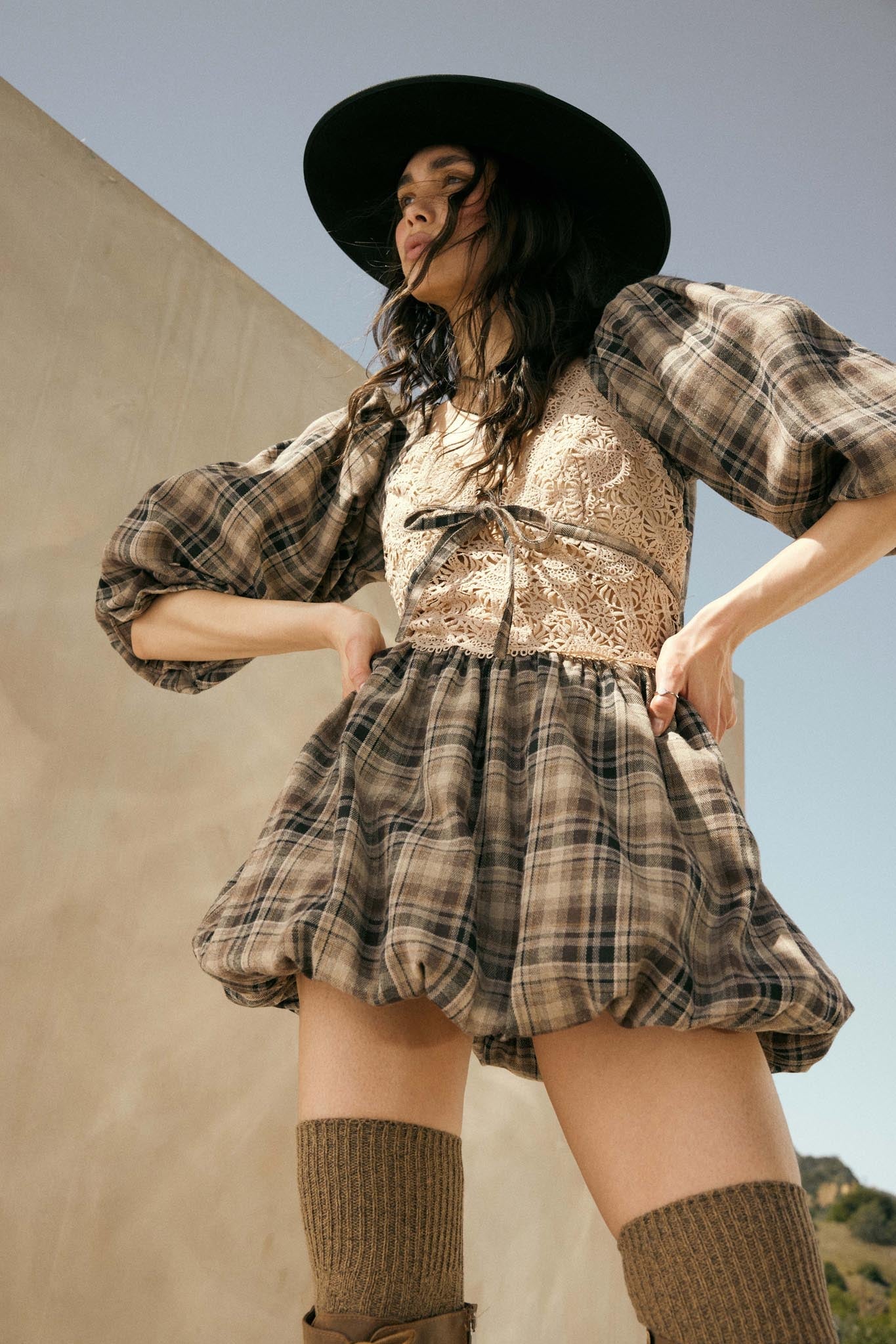 Country Cottage Plaid and Lace Bubble Mini Dress - Image 7
