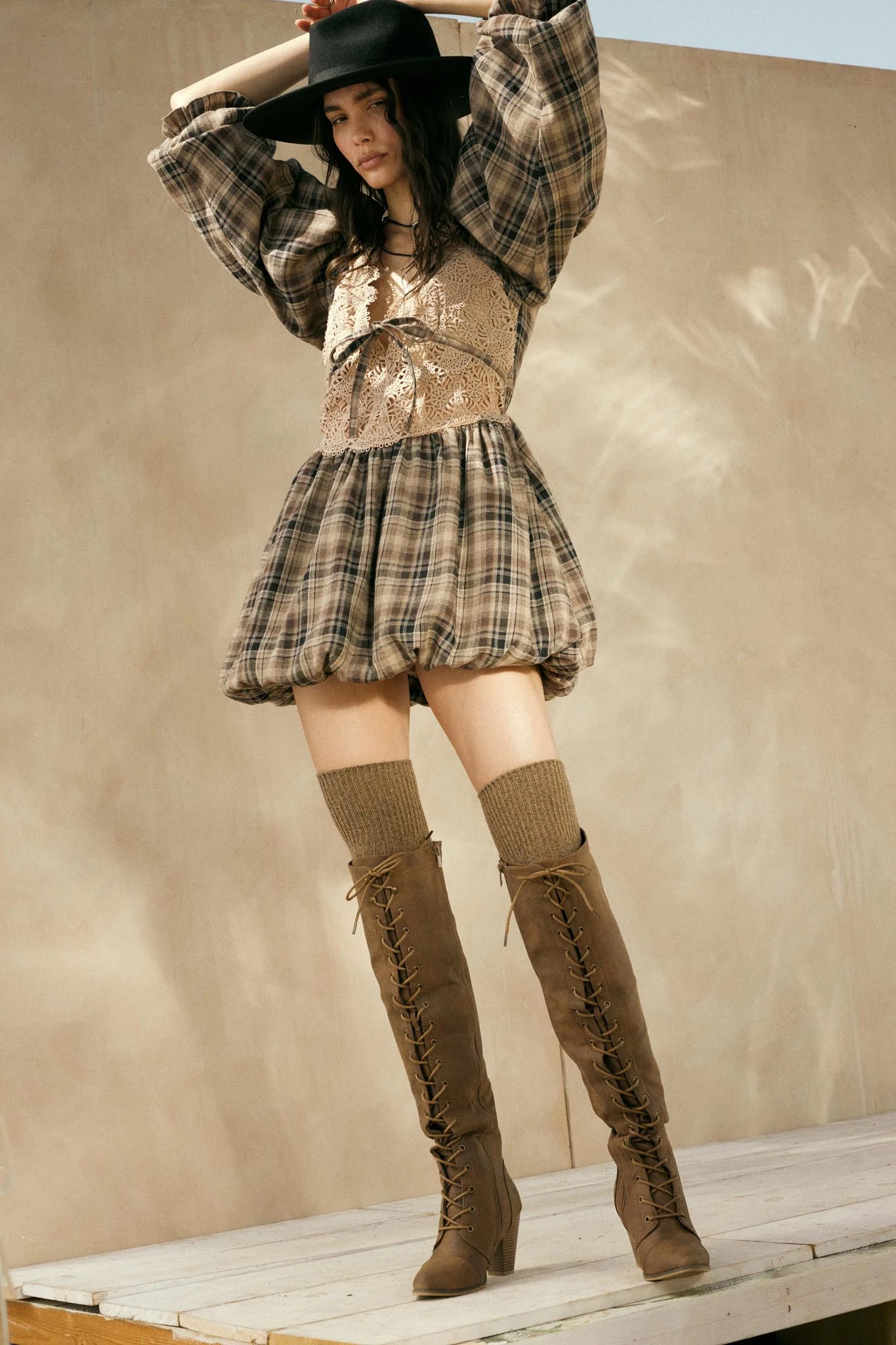Country Cottage Plaid and Lace Bubble Mini Dress - Image 8