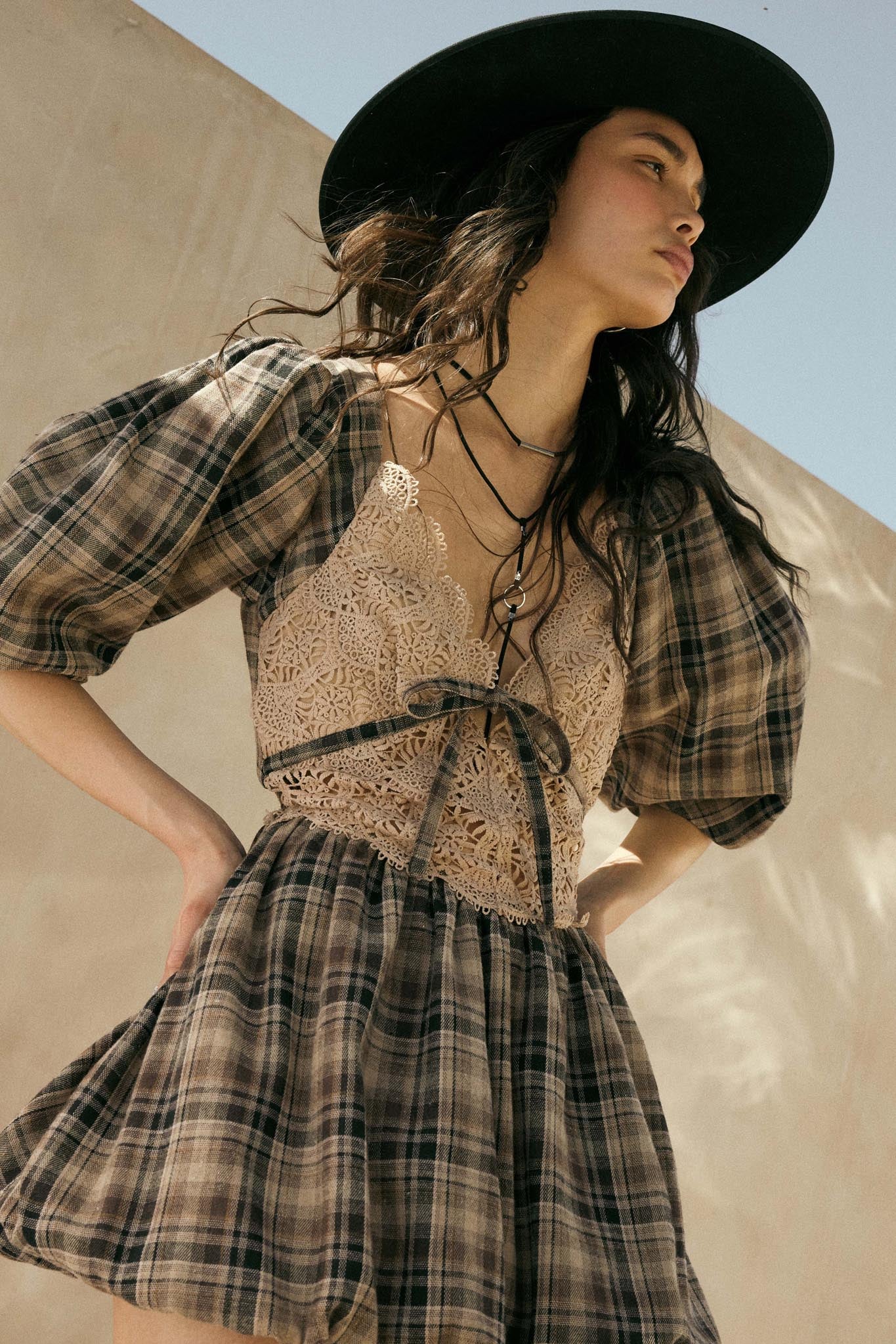 Country Cottage Plaid and Lace Bubble Mini Dress - Image 9