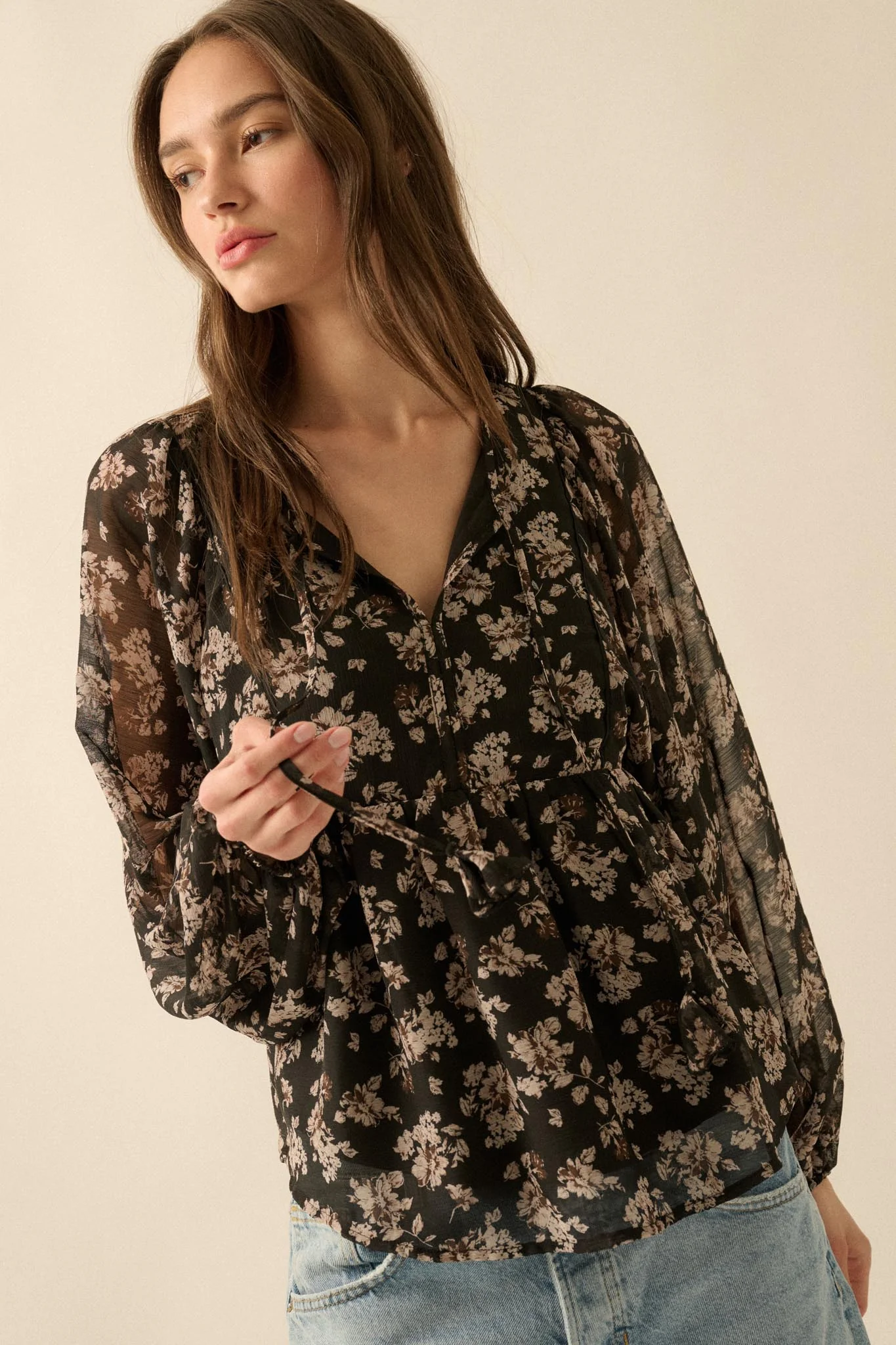 Country Garden Floral Chiffon Babydoll Peasant Top - Image 10