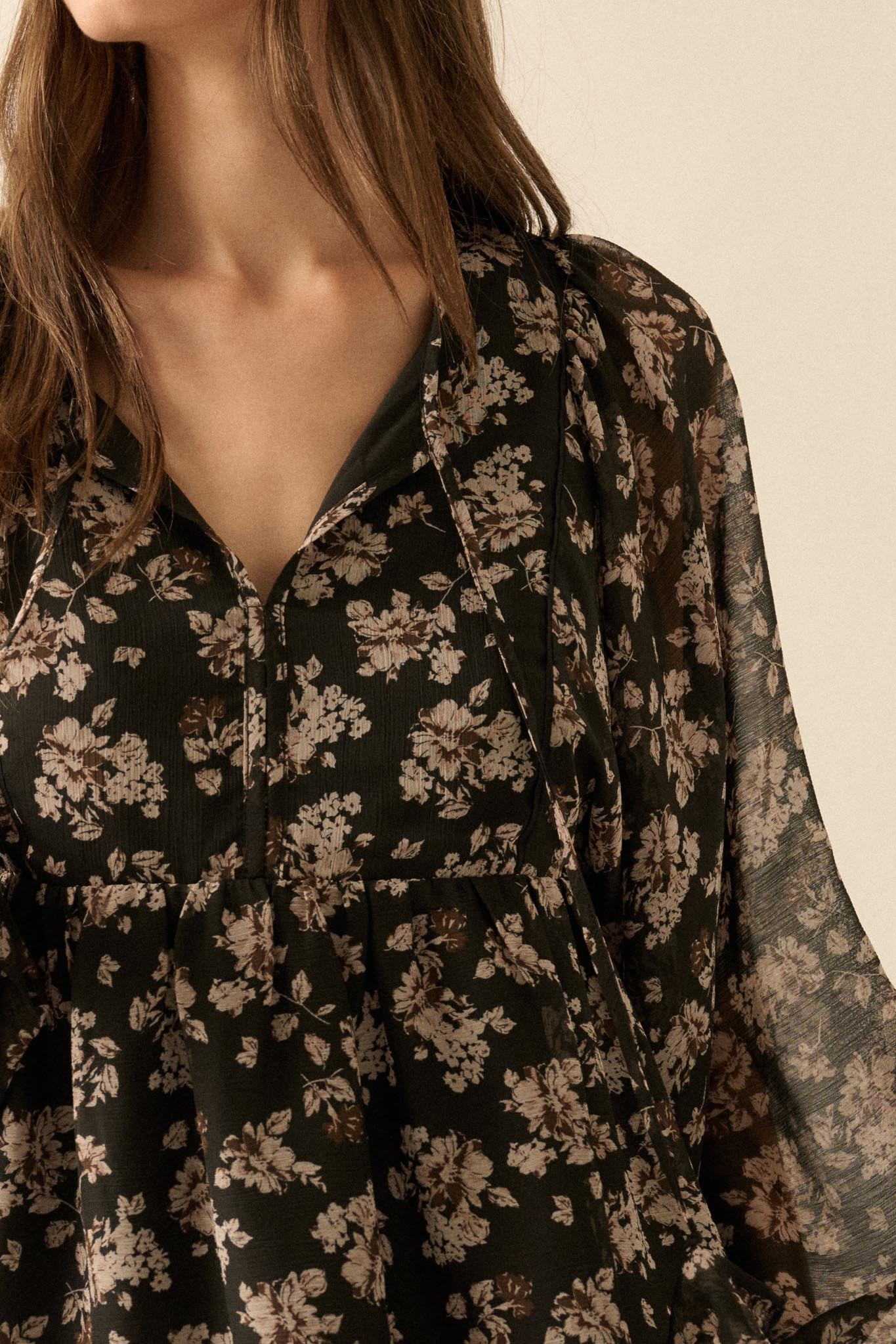 Country Garden Floral Chiffon Babydoll Peasant Top - Image 11