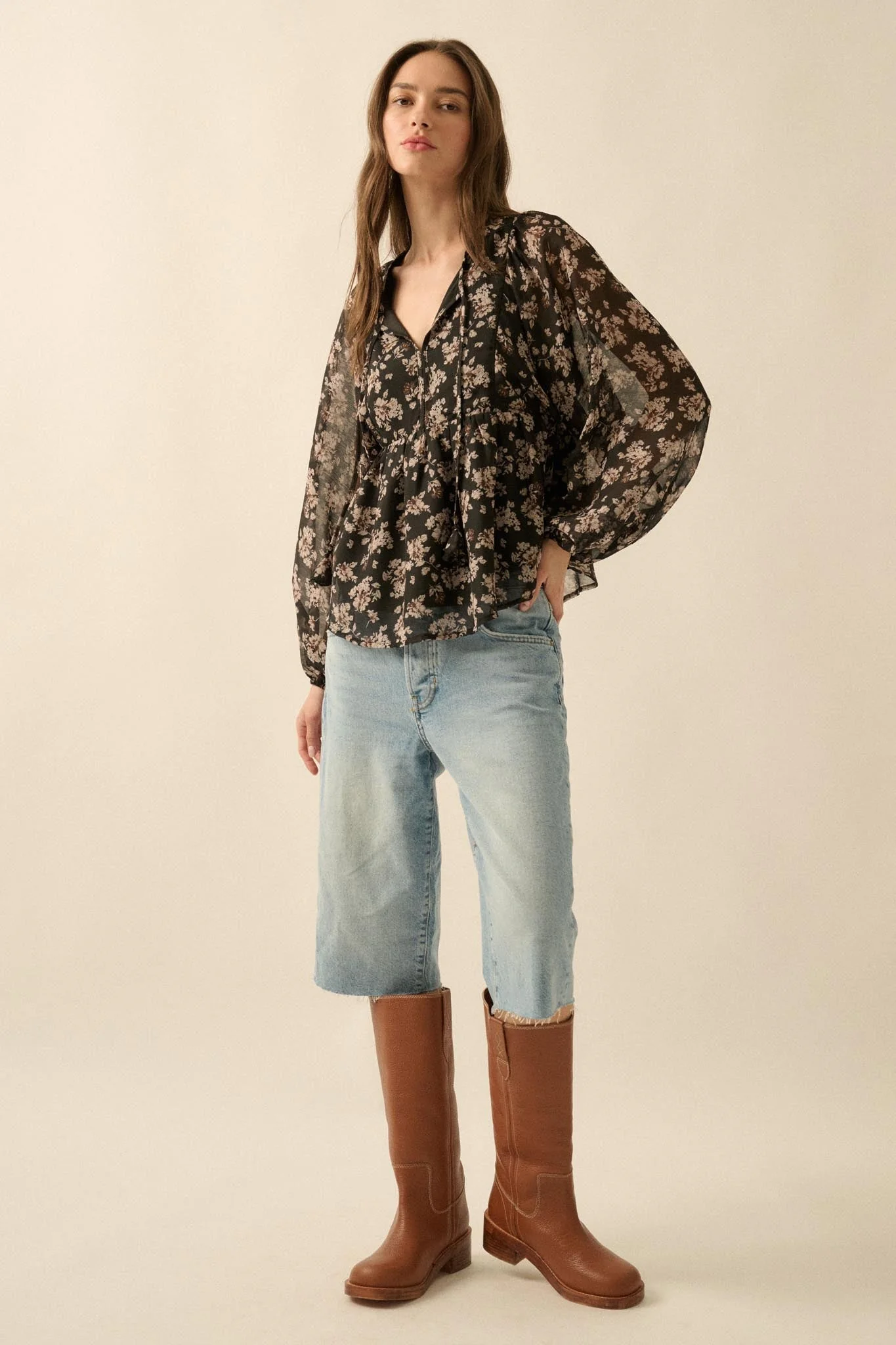 Country Garden Floral Chiffon Babydoll Peasant Top - Image 12