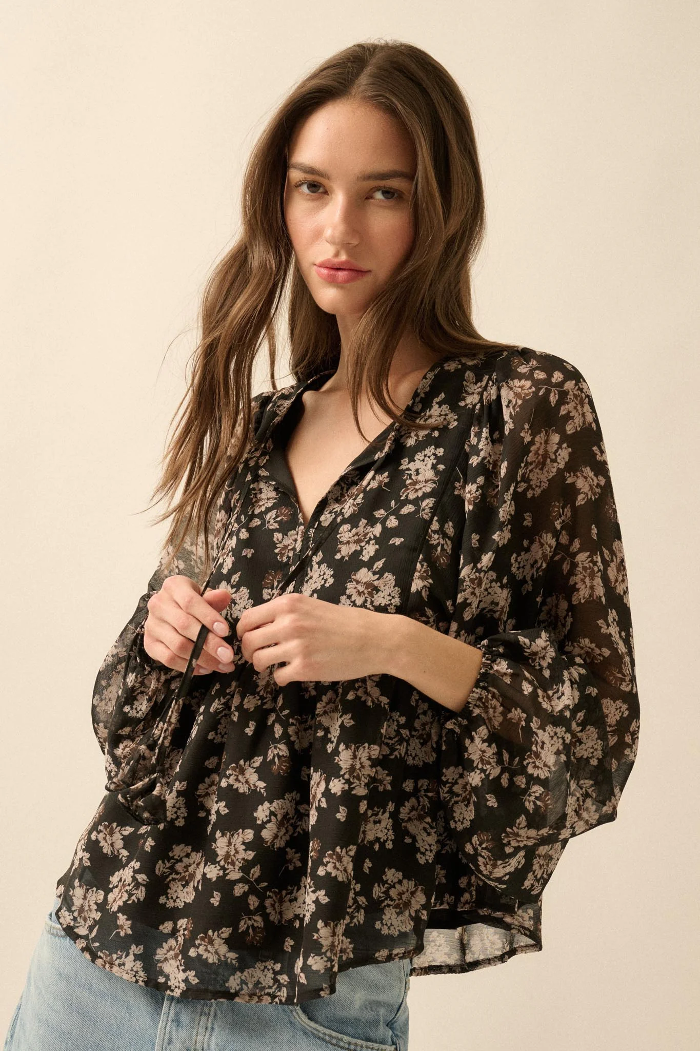 Country Garden Floral Chiffon Babydoll Peasant Top - Image 13